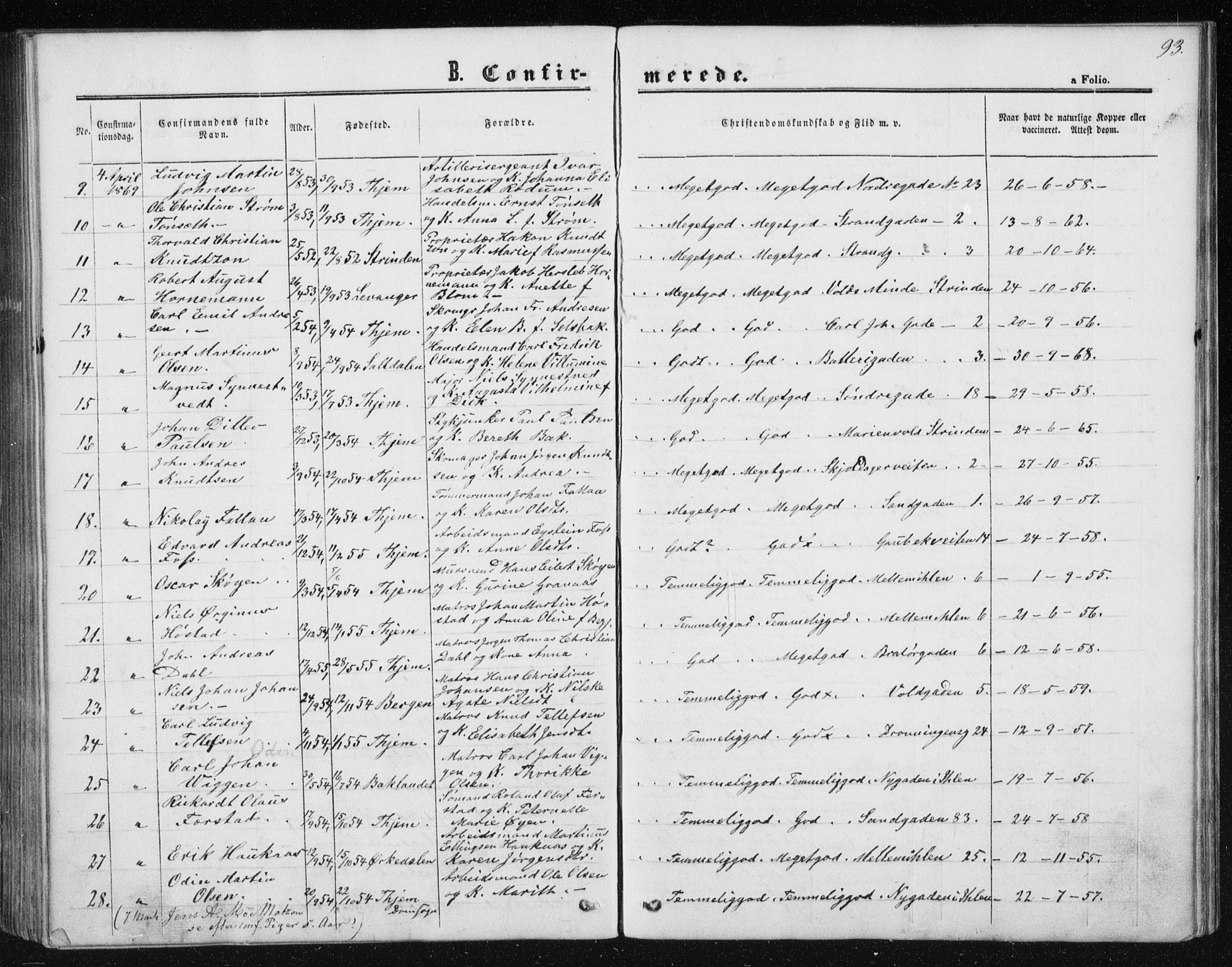 Ministerialprotokoller, klokkerbøker og fødselsregistre - Sør-Trøndelag, SAT/A-1456/602/L0114: Parish register (official) no. 602A12, 1856-1872, p. 93