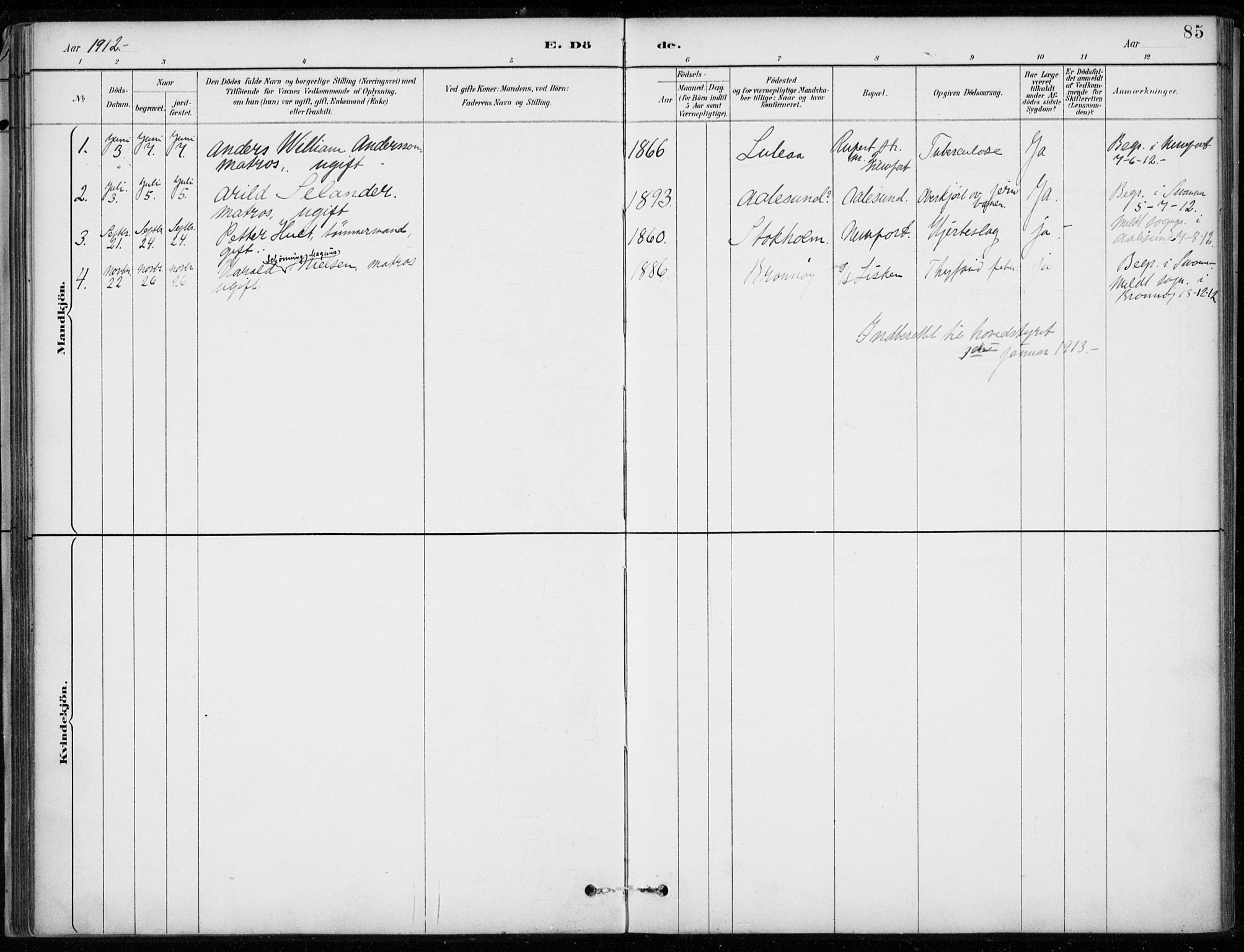 Den norske sjømannsmisjon i utlandet/Bristolhavnene(Cardiff-Swansea), SAB/SAB/PA-0102/H/Ha/Haa/L0002: Parish register (official) no. A 2, 1887-1932, p. 85