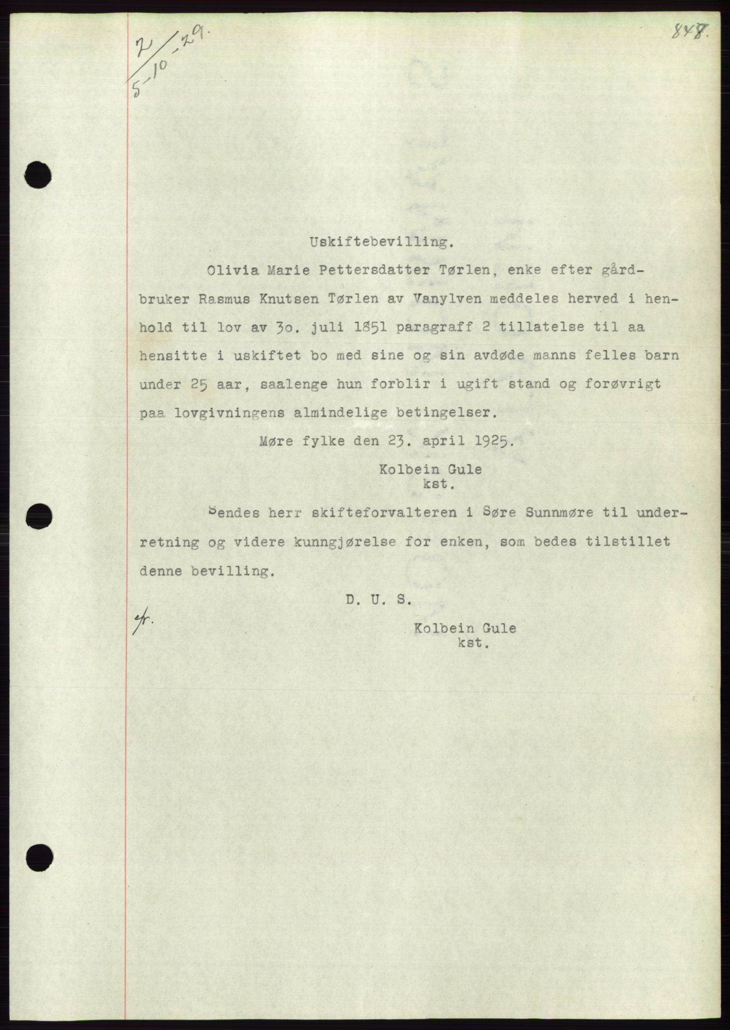 Søre Sunnmøre sorenskriveri, AV/SAT-A-4122/1/2/2C/L0049: Mortgage book no. 43, 1929-1929, Deed date: 05.10.1929