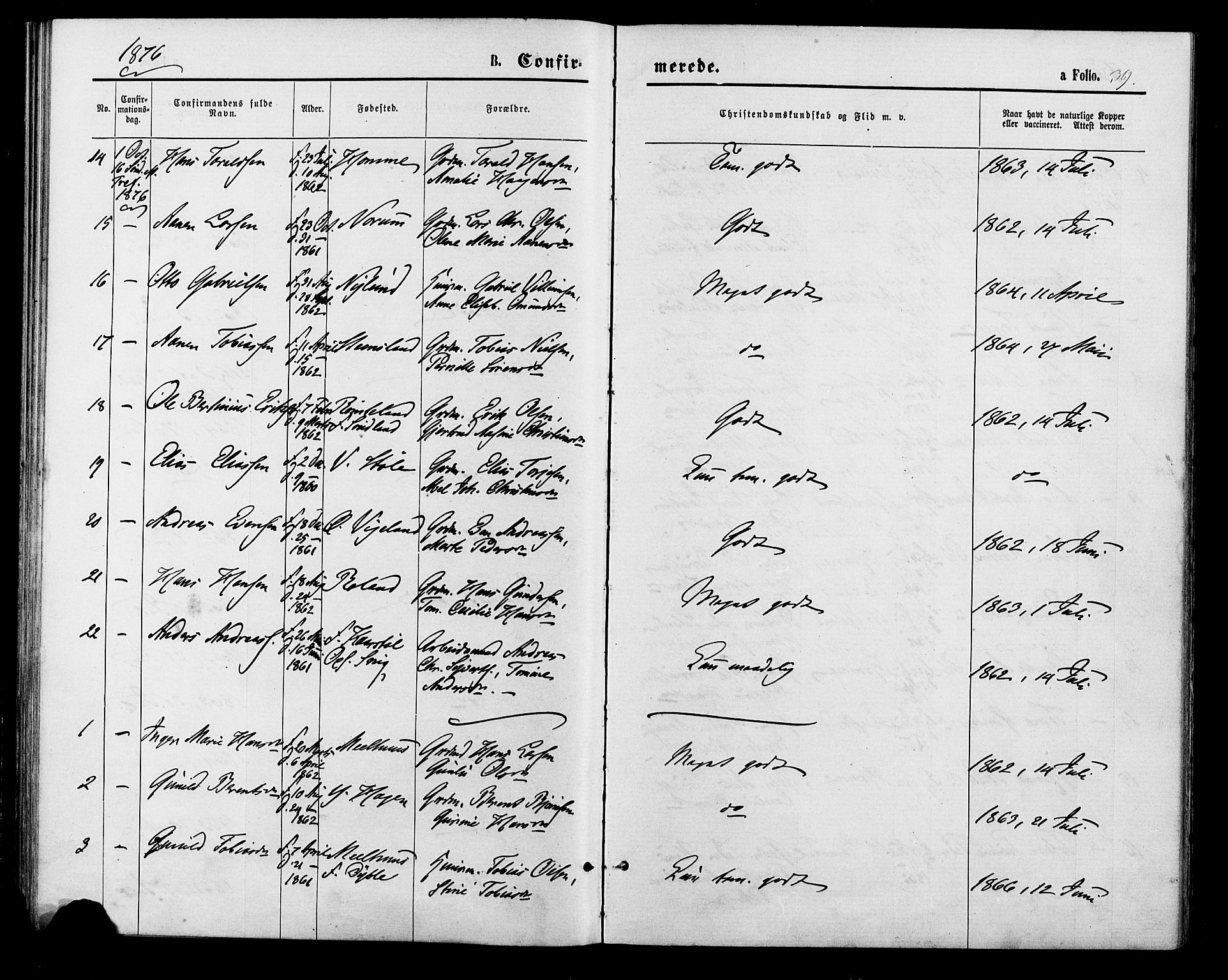 Sør-Audnedal sokneprestkontor, AV/SAK-1111-0039/F/Fa/Fab/L0008: Parish register (official) no. A 8, 1876-1881, p. 39
