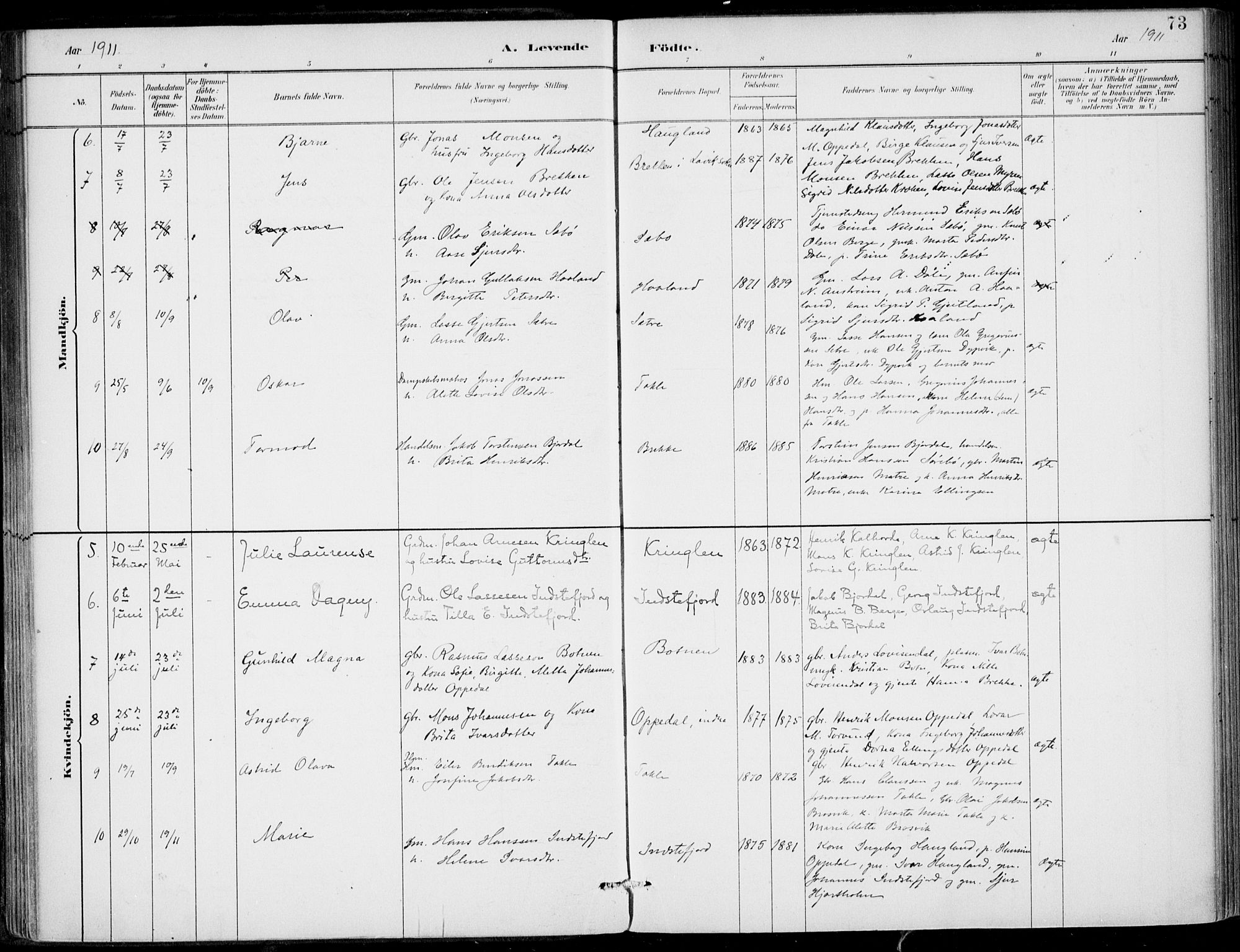 Gulen sokneprestembete, SAB/A-80201/H/Haa/Haac/L0002: Parish register (official) no. C  2, 1882-1914, p. 73