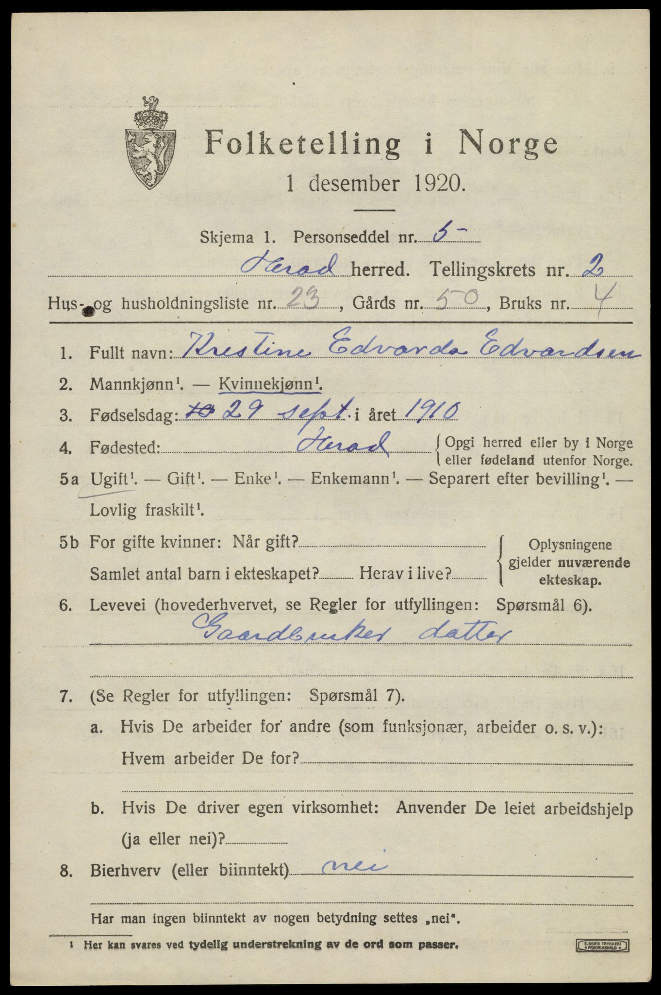 SAK, 1920 census for Herad, 1920, p. 1290