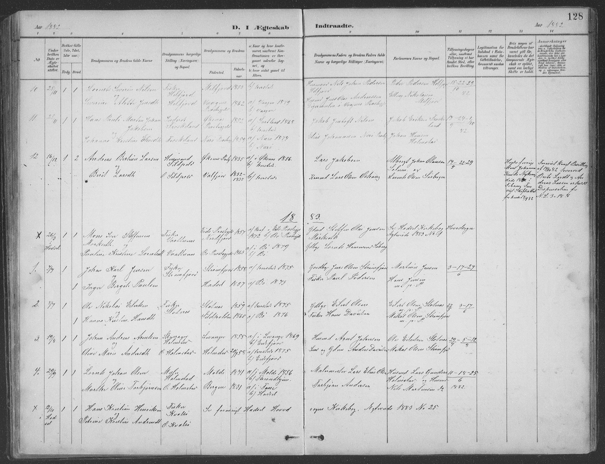 Ministerialprotokoller, klokkerbøker og fødselsregistre - Nordland, AV/SAT-A-1459/890/L1290: Parish register (copy) no. 890C01, 1882-1911, p. 128