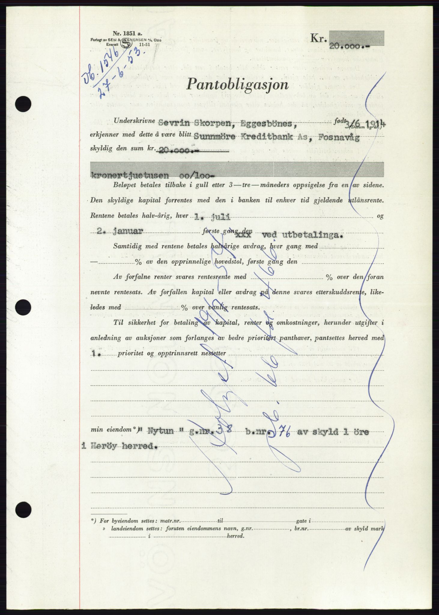 Søre Sunnmøre sorenskriveri, SAT/A-4122/1/2/2C/L0123: Mortgage book no. 11B, 1953-1953, Diary no: : 1546/1953