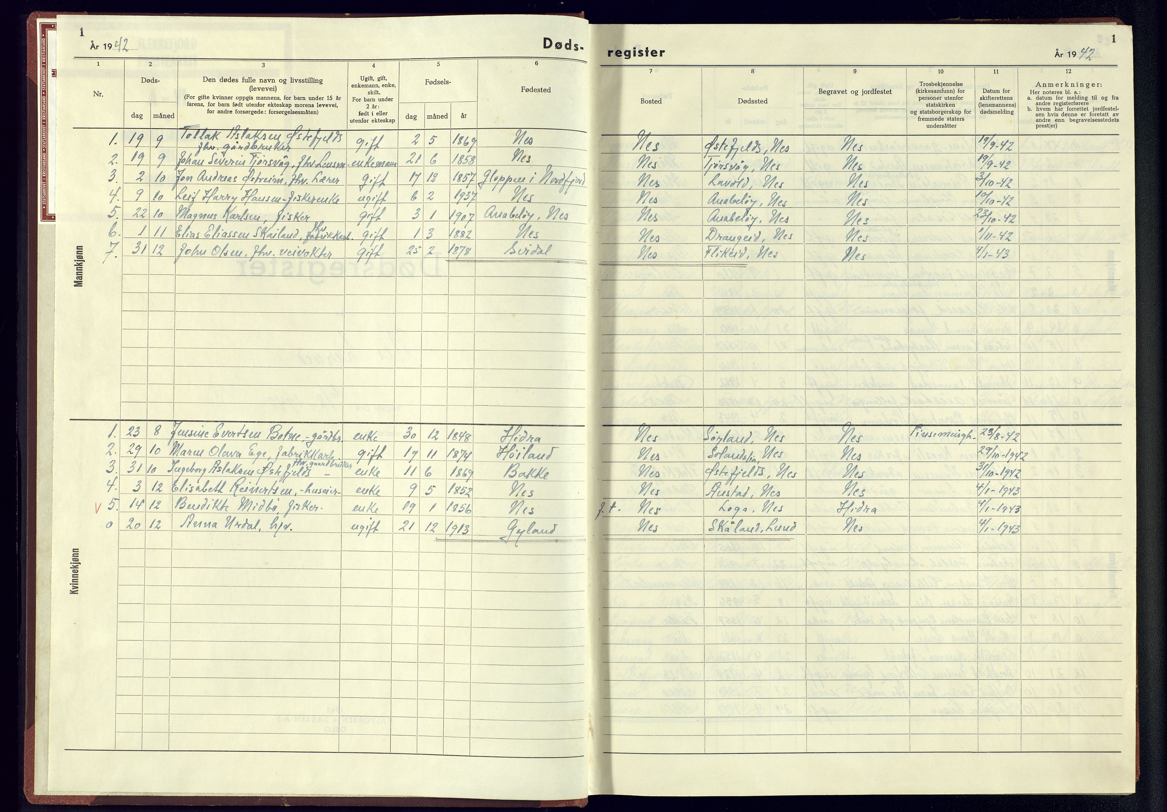 Flekkefjord sokneprestkontor, SAK/1111-0012/J/Jb/L0008: A-VI-9 - Dødsfallsregister Nes, 1942-1945, p. 1