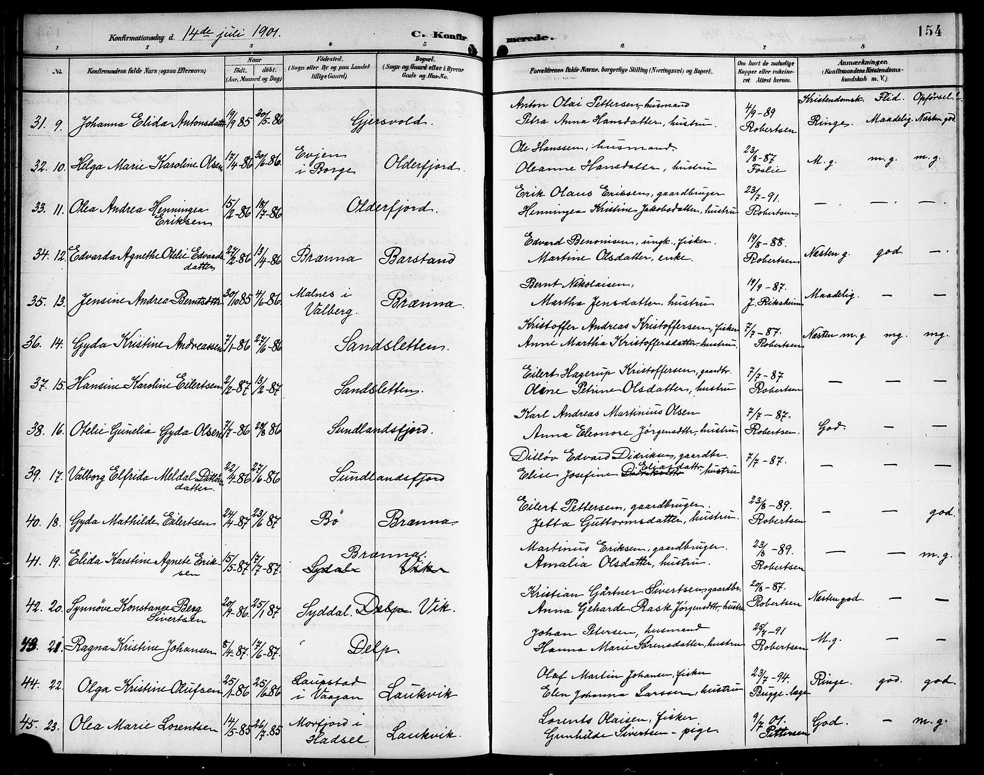 Ministerialprotokoller, klokkerbøker og fødselsregistre - Nordland, AV/SAT-A-1459/876/L1105: Parish register (copy) no. 876C04, 1896-1914, p. 154