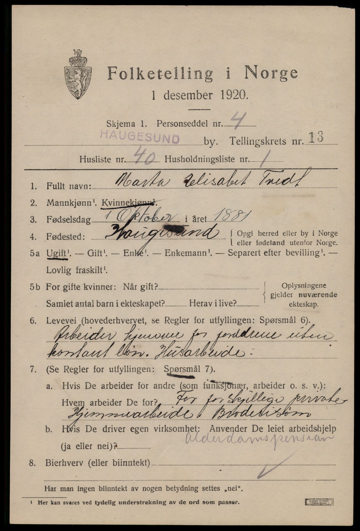 SAST, 1920 census for Haugesund, 1920, p. 42159