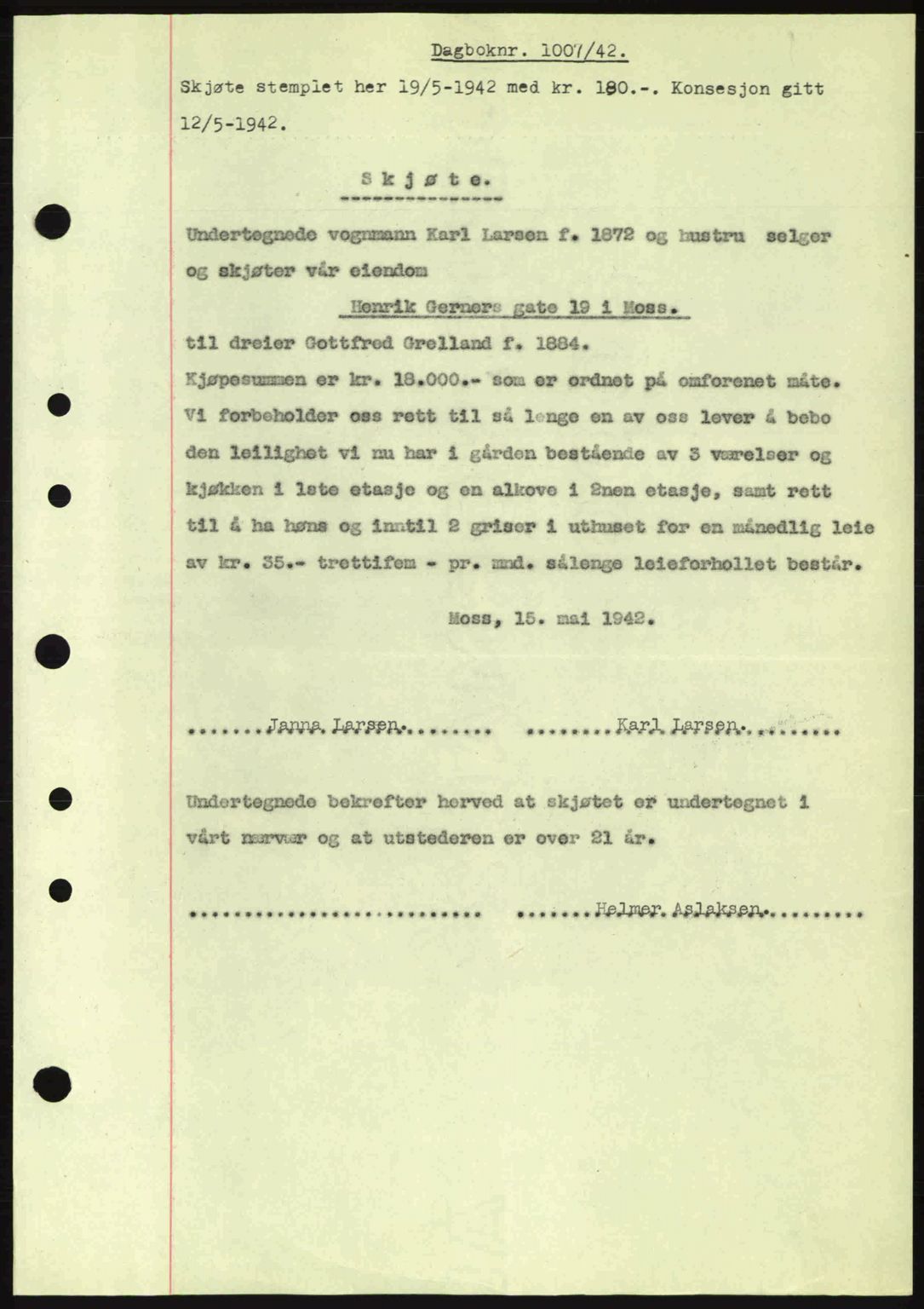 Moss sorenskriveri, SAO/A-10168: Mortgage book no. A9, 1941-1942, Diary no: : 1007/1942