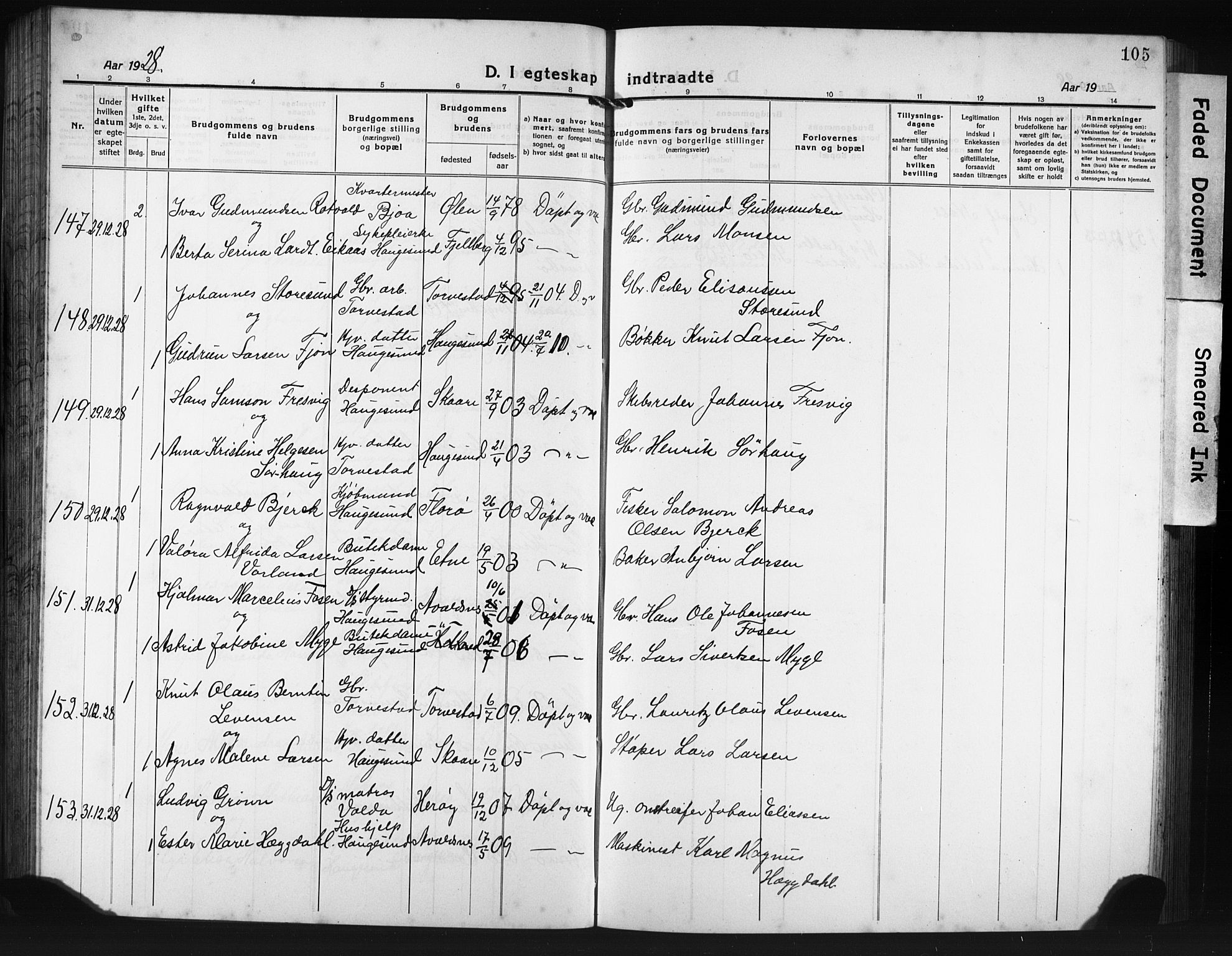 Haugesund sokneprestkontor, AV/SAST-A -101863/H/Ha/Hab/L0010: Parish register (copy) no. B 10, 1920-1931, p. 105