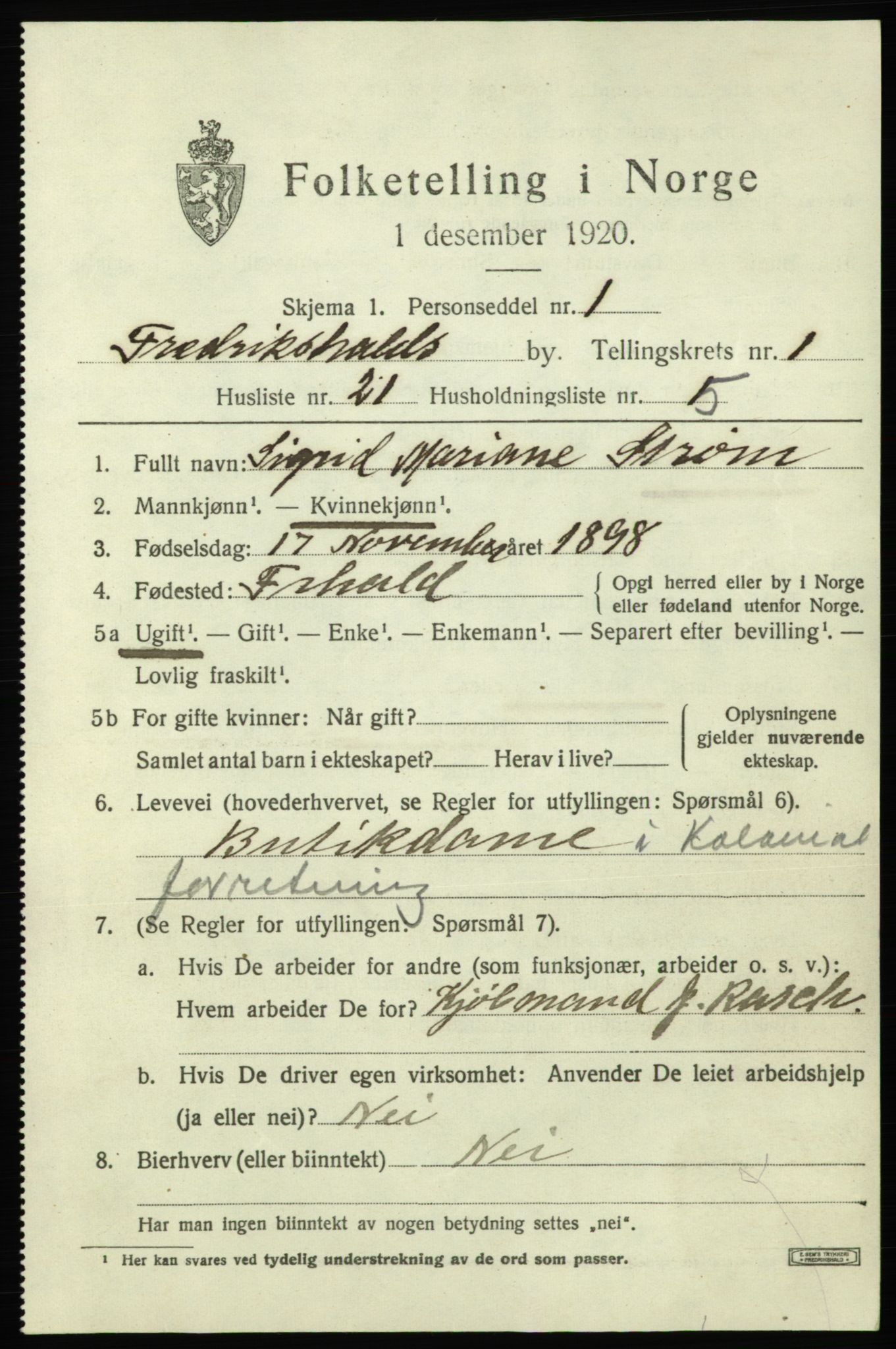 SAO, 1920 census for Fredrikshald, 1920, p. 8416