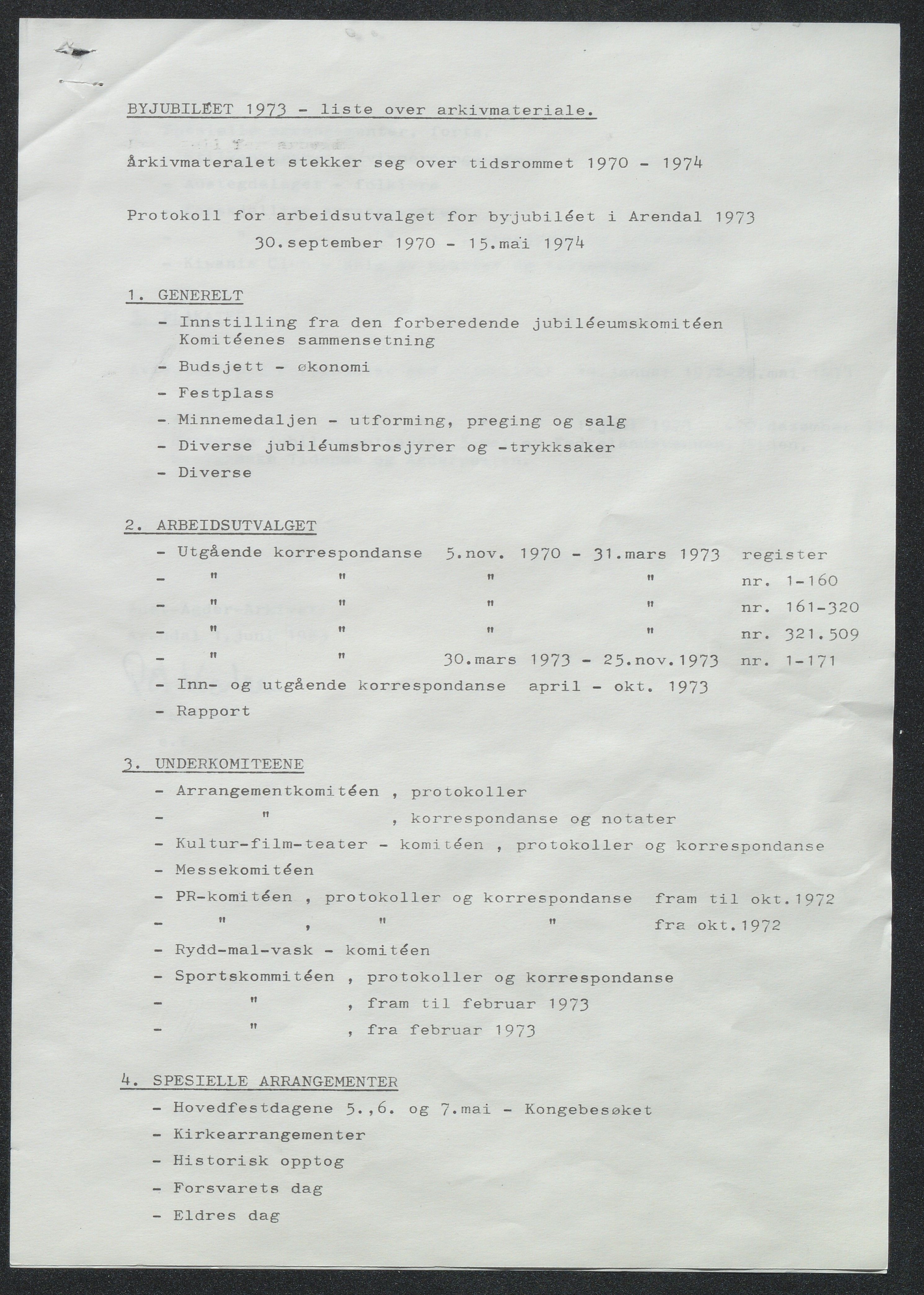 Byjubileet i Arendal 1973 , AAKS/KA0906-492a/E/E01/L0001: Generelt, 1969-1983