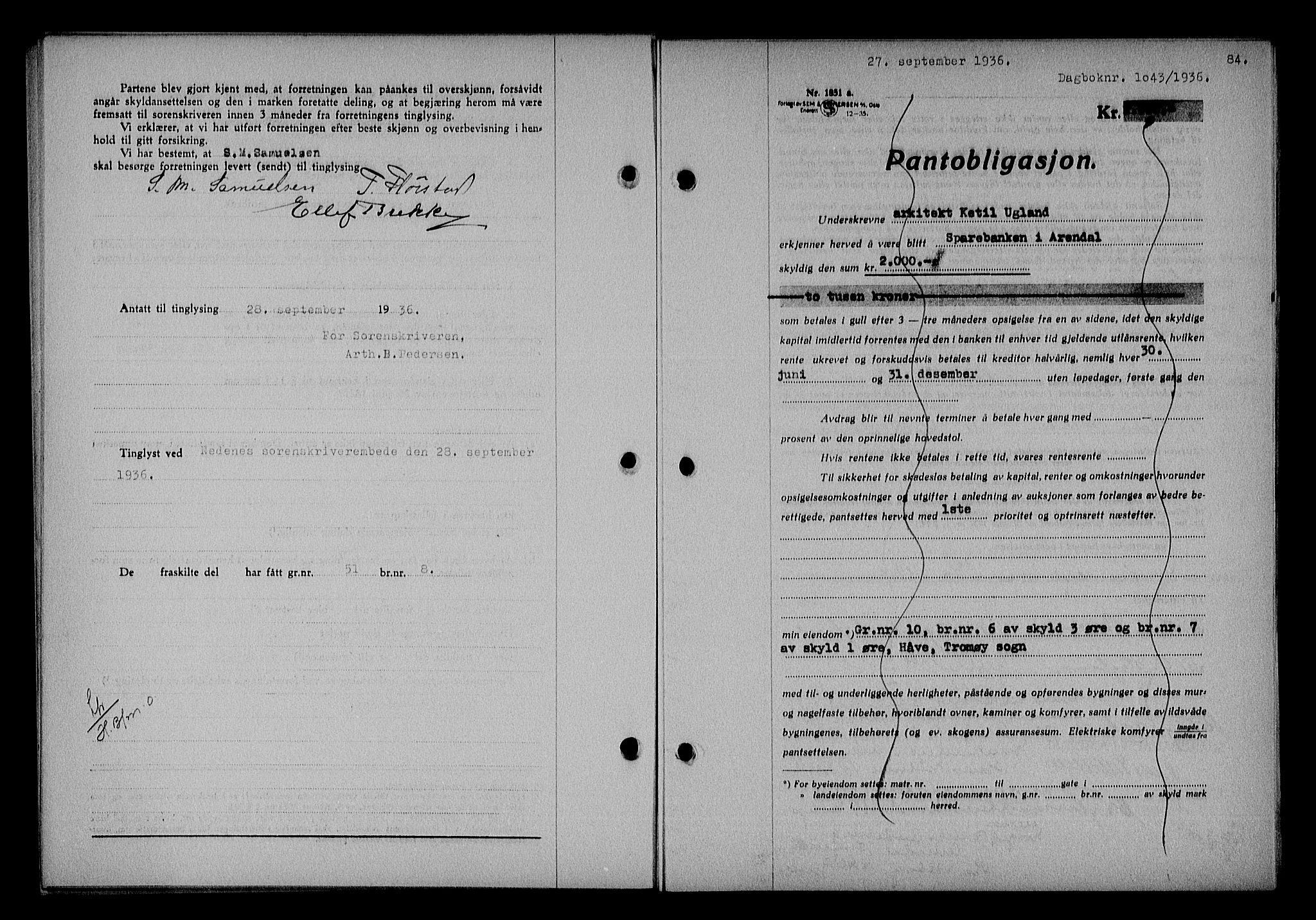 Nedenes sorenskriveri, SAK/1221-0006/G/Gb/Gba/L0043: Mortgage book no. 39, 1936-1937, Diary no: : 1043/1936