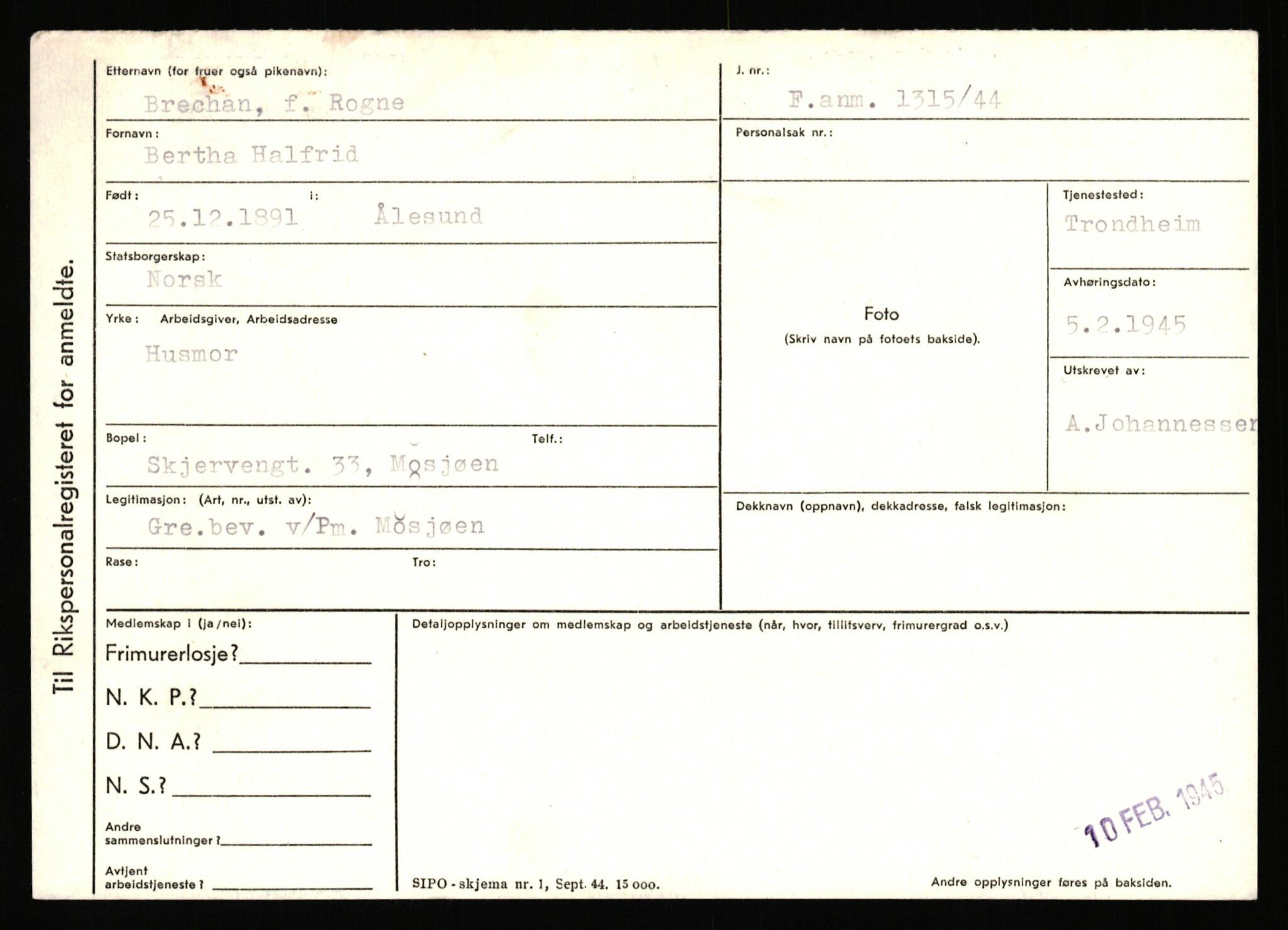 Statspolitiet - Hovedkontoret / Osloavdelingen, AV/RA-S-1329/C/Ca/L0003: Brechan - Eichinger	, 1943-1945, p. 2