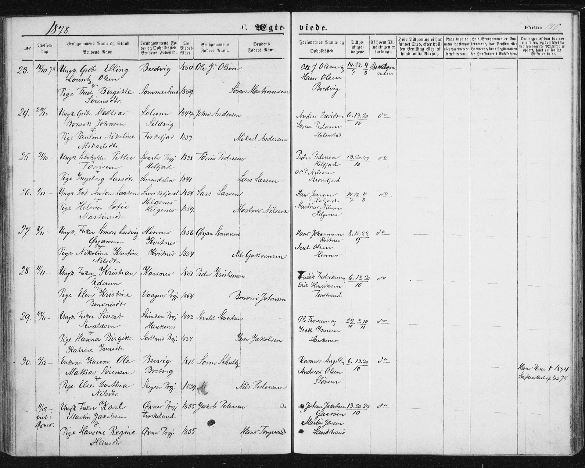 Ministerialprotokoller, klokkerbøker og fødselsregistre - Nordland, SAT/A-1459/888/L1243: Parish register (official) no. 888A09, 1876-1879, p. 140