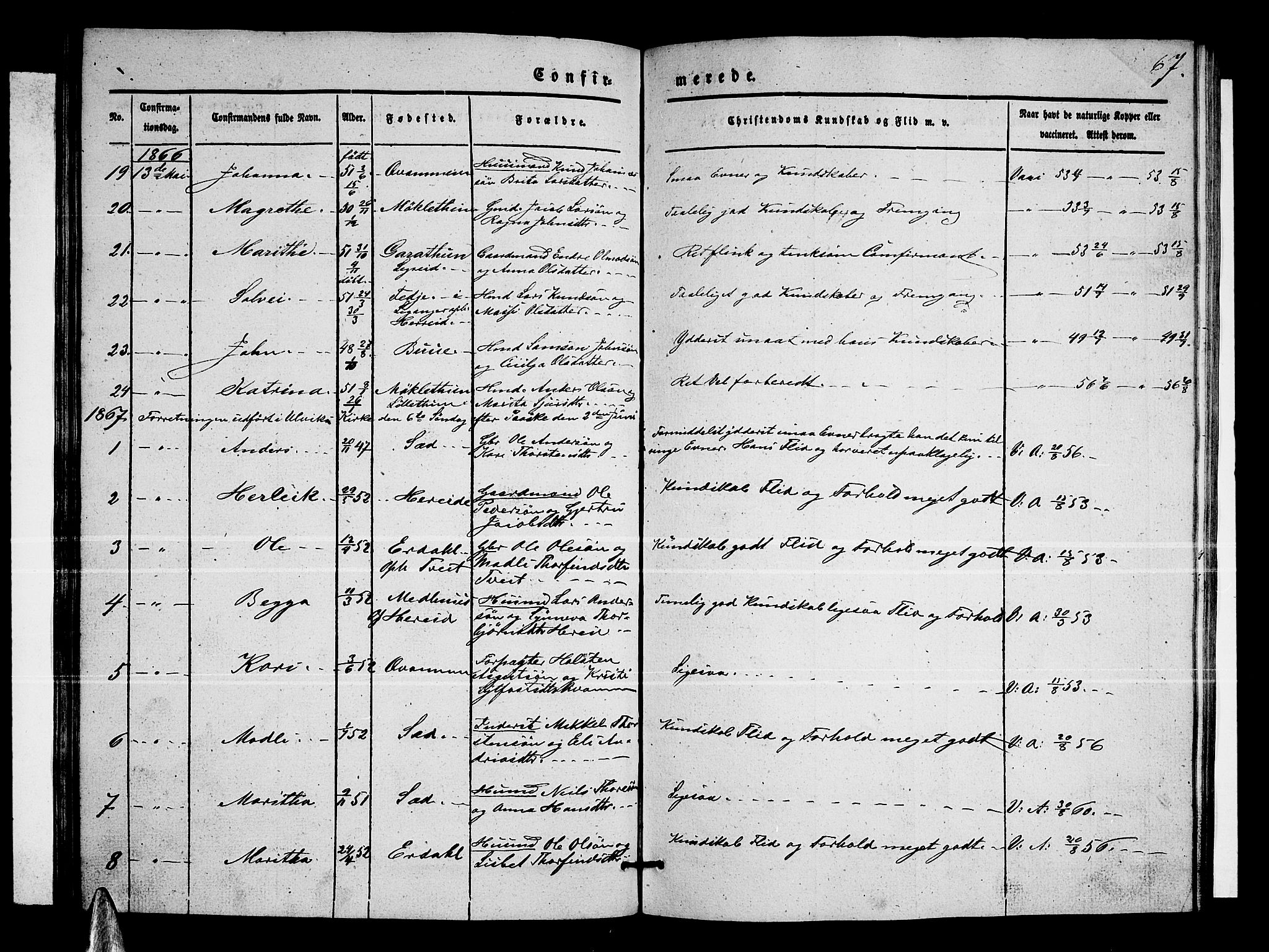 Ullensvang sokneprestembete, SAB/A-78701/H/Hab: Parish register (copy) no. C 1, 1855-1871, p. 67