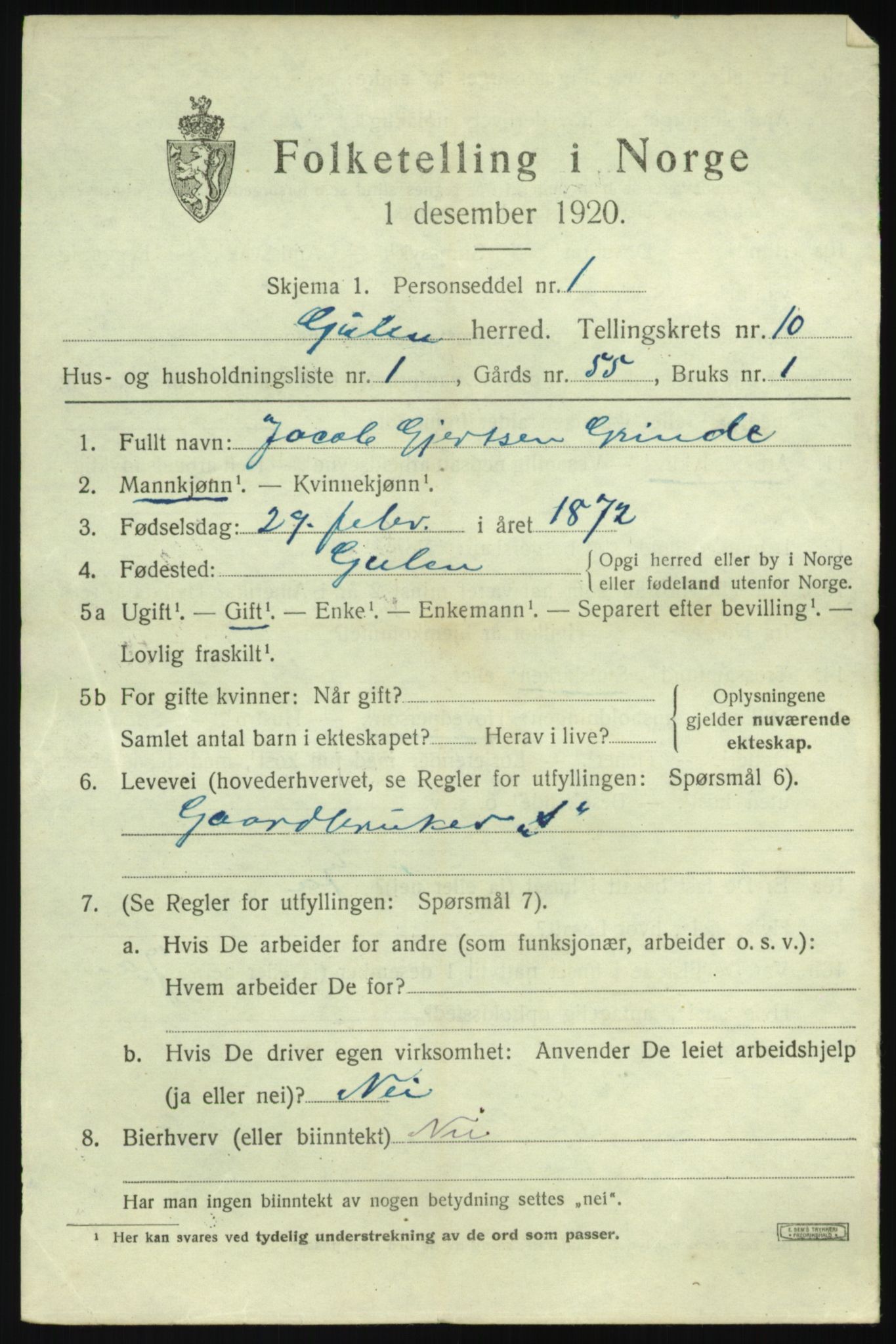 SAB, 1920 census for Gulen, 1920, p. 4551