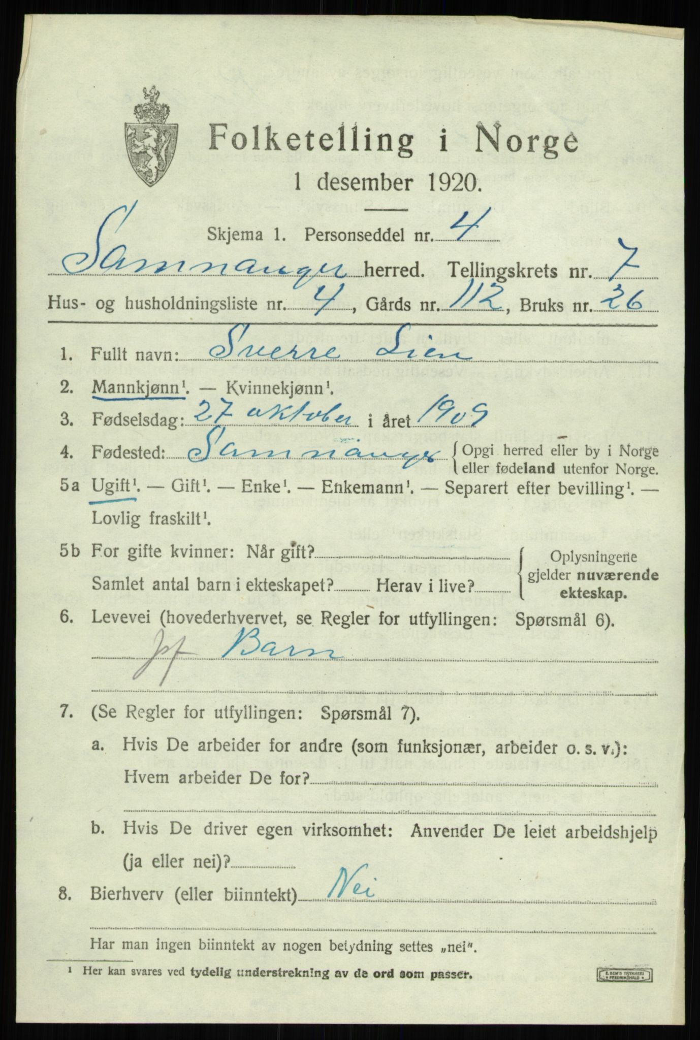 SAB, 1920 census for Samnanger, 1920, p. 2985