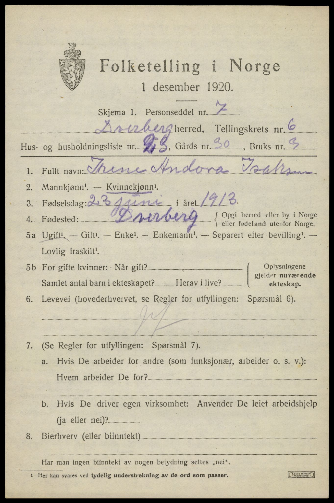 SAT, 1920 census for Dverberg, 1920, p. 6630