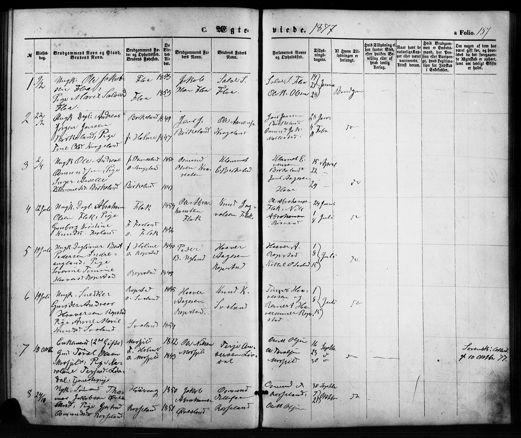 Birkenes sokneprestkontor, SAK/1111-0004/F/Fb/L0003: Parish register (copy) no. B 3, 1876-1892, p. 157