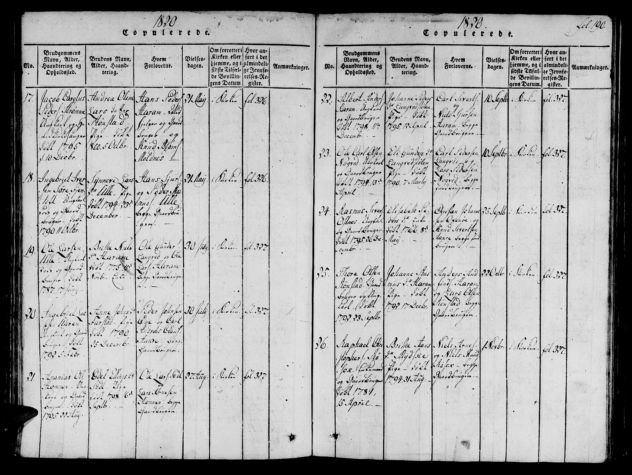Ministerialprotokoller, klokkerbøker og fødselsregistre - Møre og Romsdal, SAT/A-1454/536/L0495: Parish register (official) no. 536A04, 1818-1847, p. 190