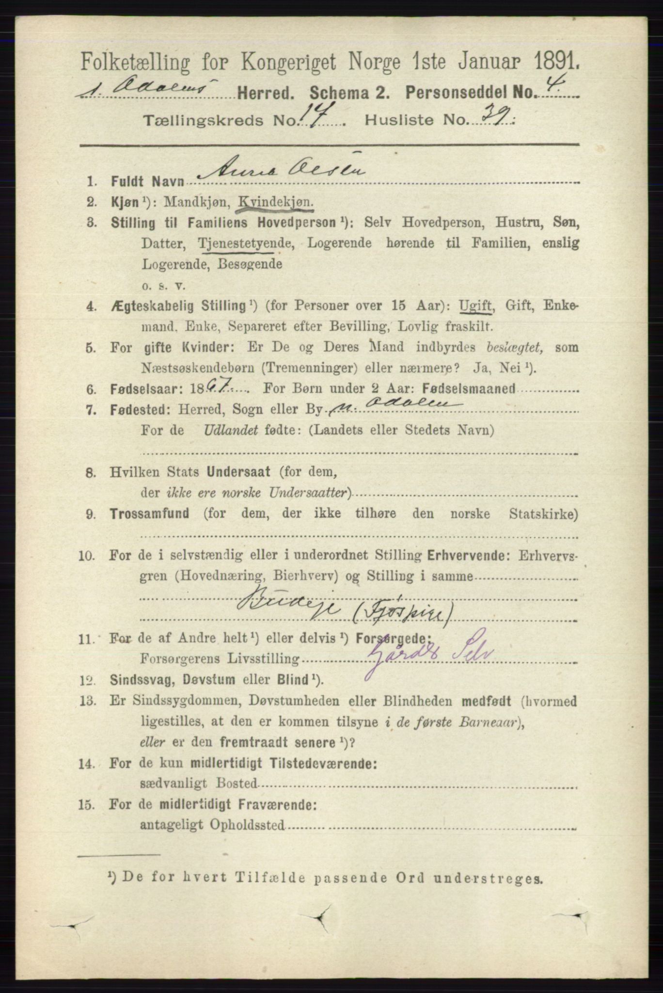 RA, 1891 census for 0419 Sør-Odal, 1891, p. 8098