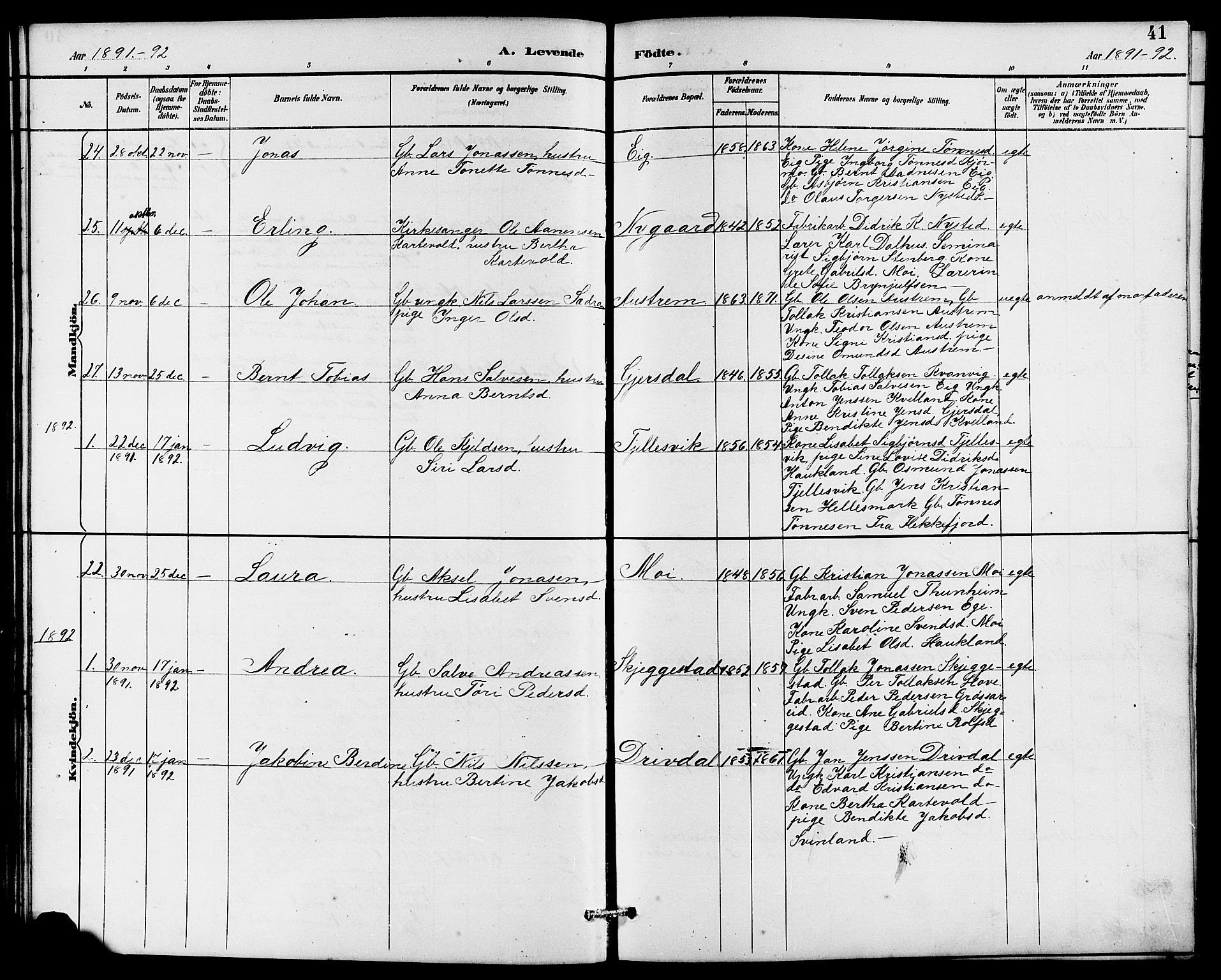 Lund sokneprestkontor, AV/SAST-A-101809/S07/L0006: Parish register (copy) no. B 6, 1885-1901, p. 41