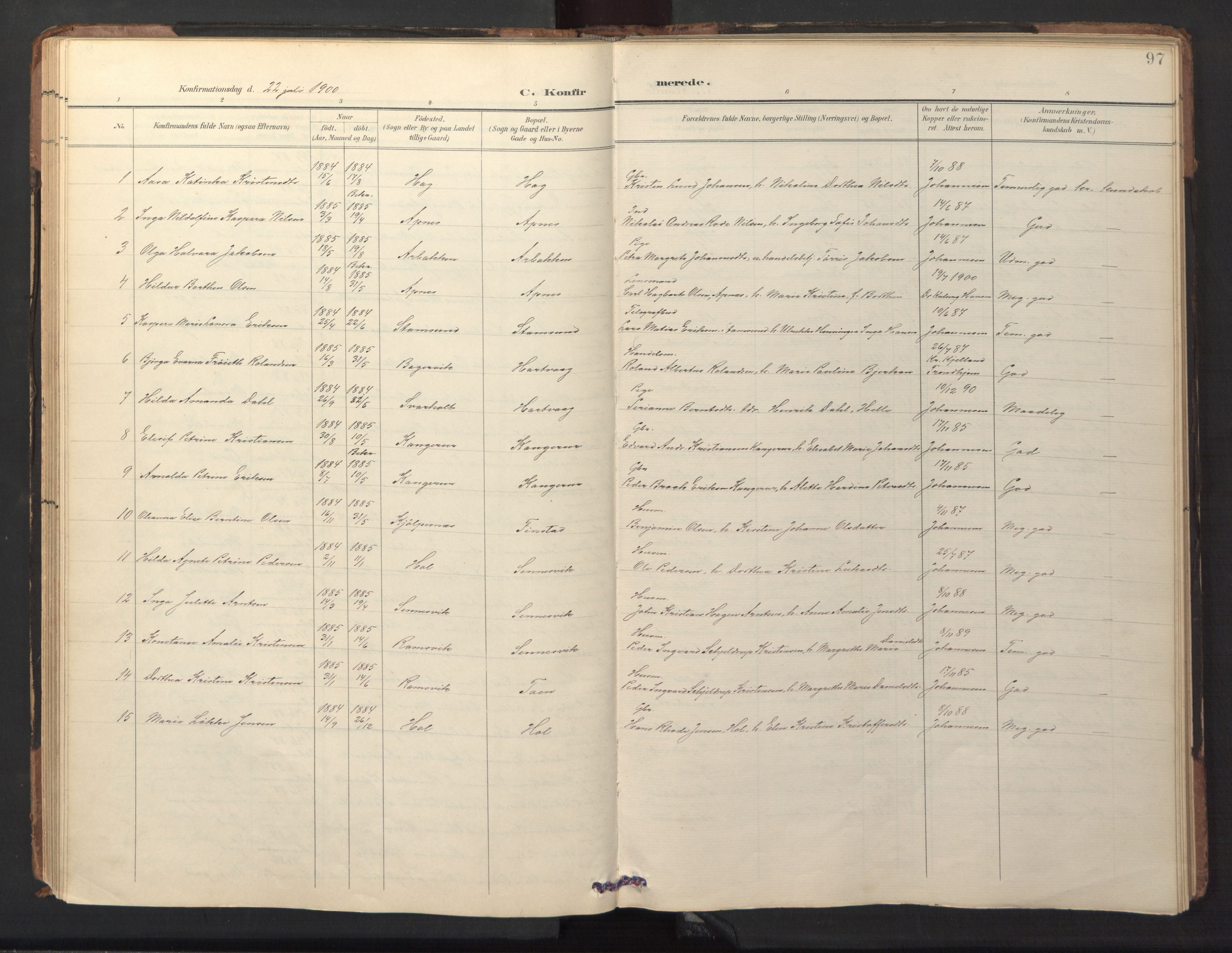 Ministerialprotokoller, klokkerbøker og fødselsregistre - Nordland, SAT/A-1459/882/L1185: Parish register (copy) no. 882C03, 1898-1910, p. 97