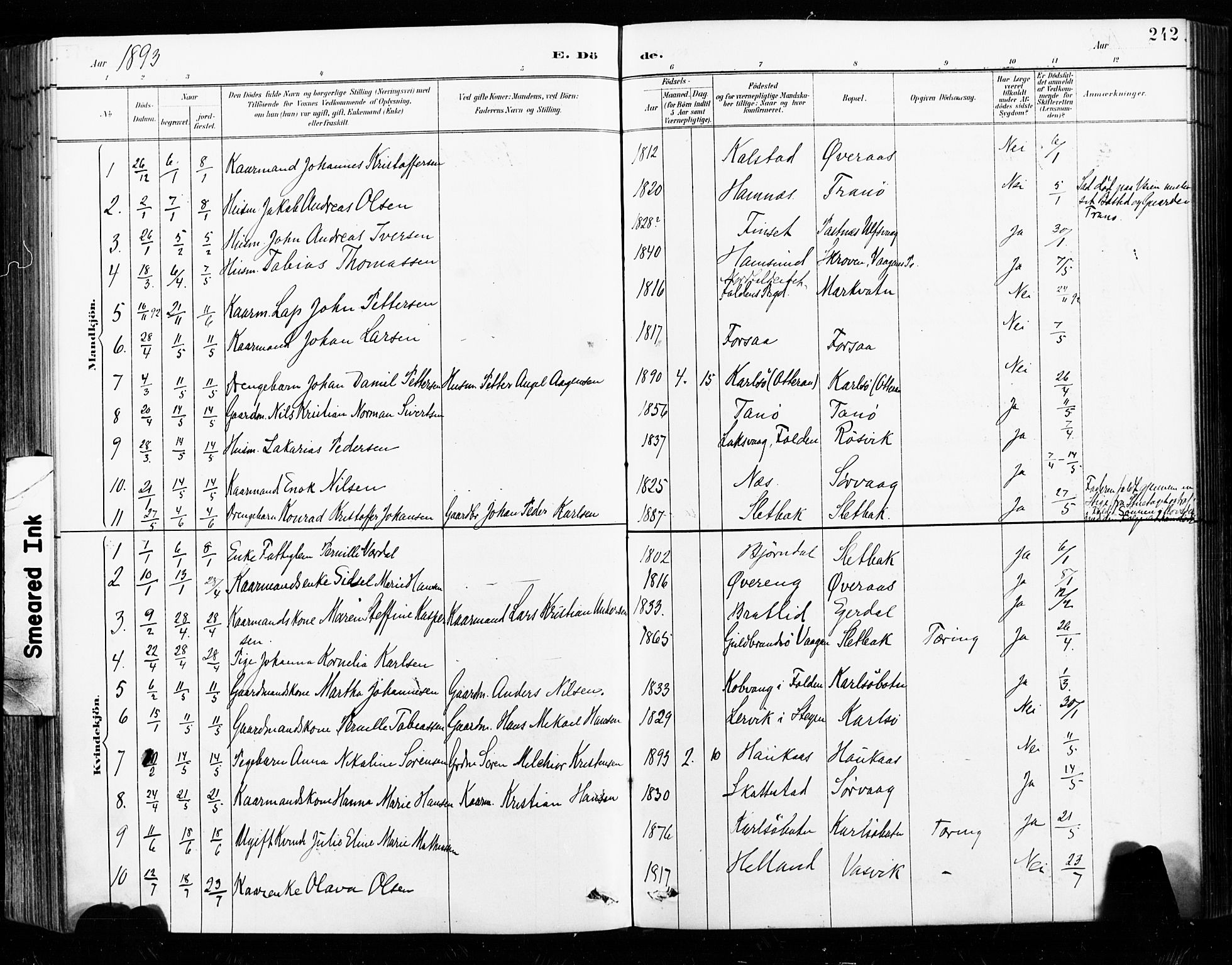 Ministerialprotokoller, klokkerbøker og fødselsregistre - Nordland, AV/SAT-A-1459/859/L0847: Parish register (official) no. 859A07, 1890-1899, p. 242