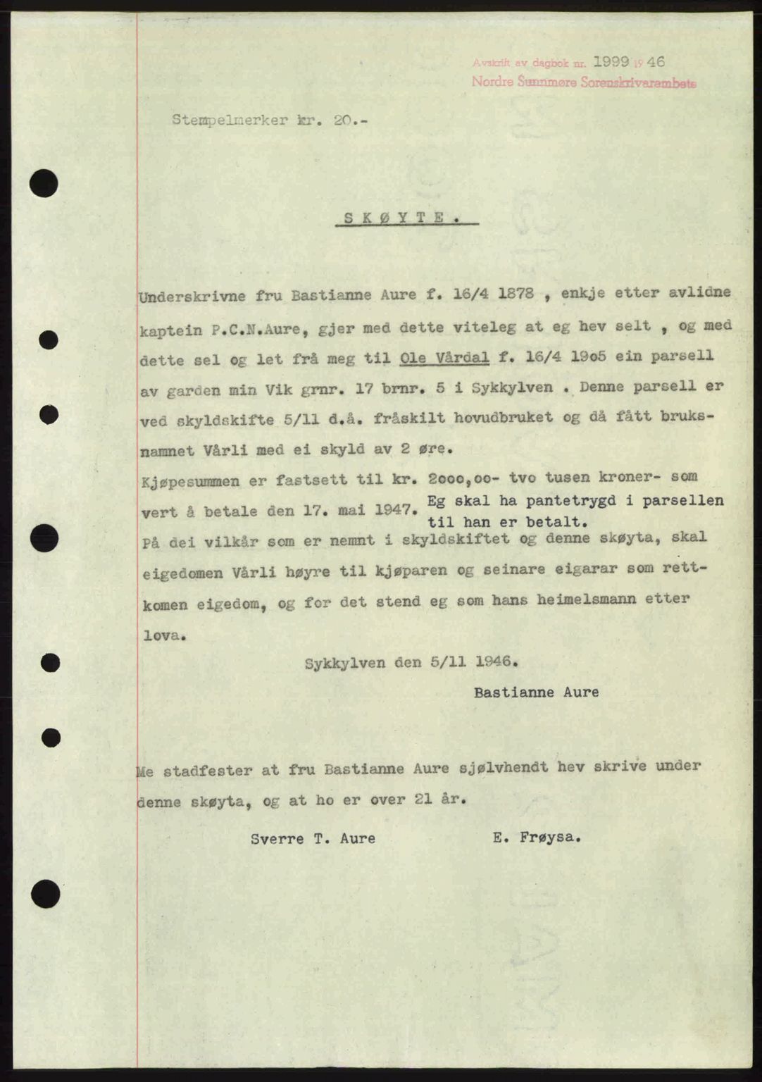 Nordre Sunnmøre sorenskriveri, AV/SAT-A-0006/1/2/2C/2Ca: Mortgage book no. A23, 1946-1947, Diary no: : 1999/1946