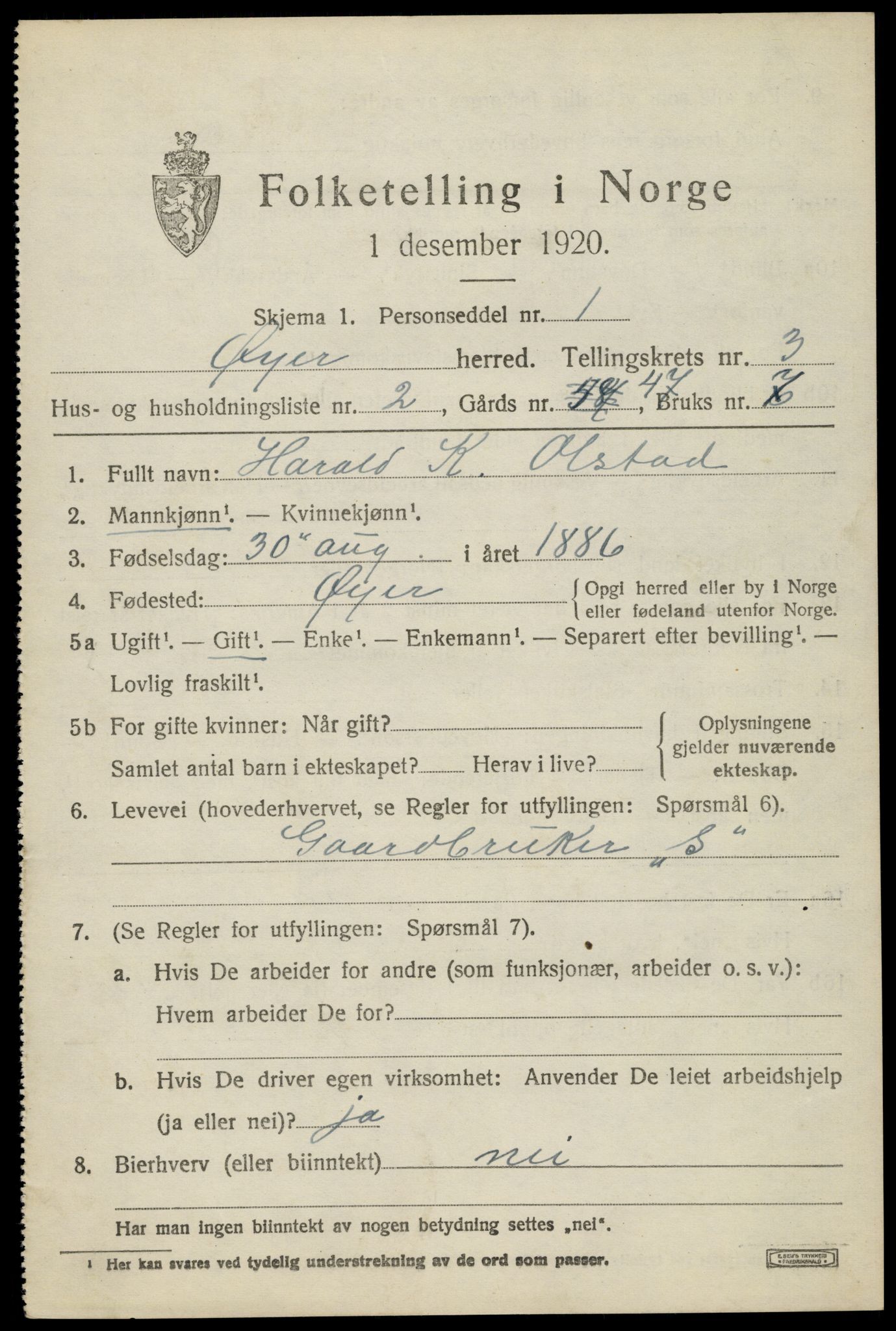 SAH, 1920 census for Øyer, 1920, p. 3291