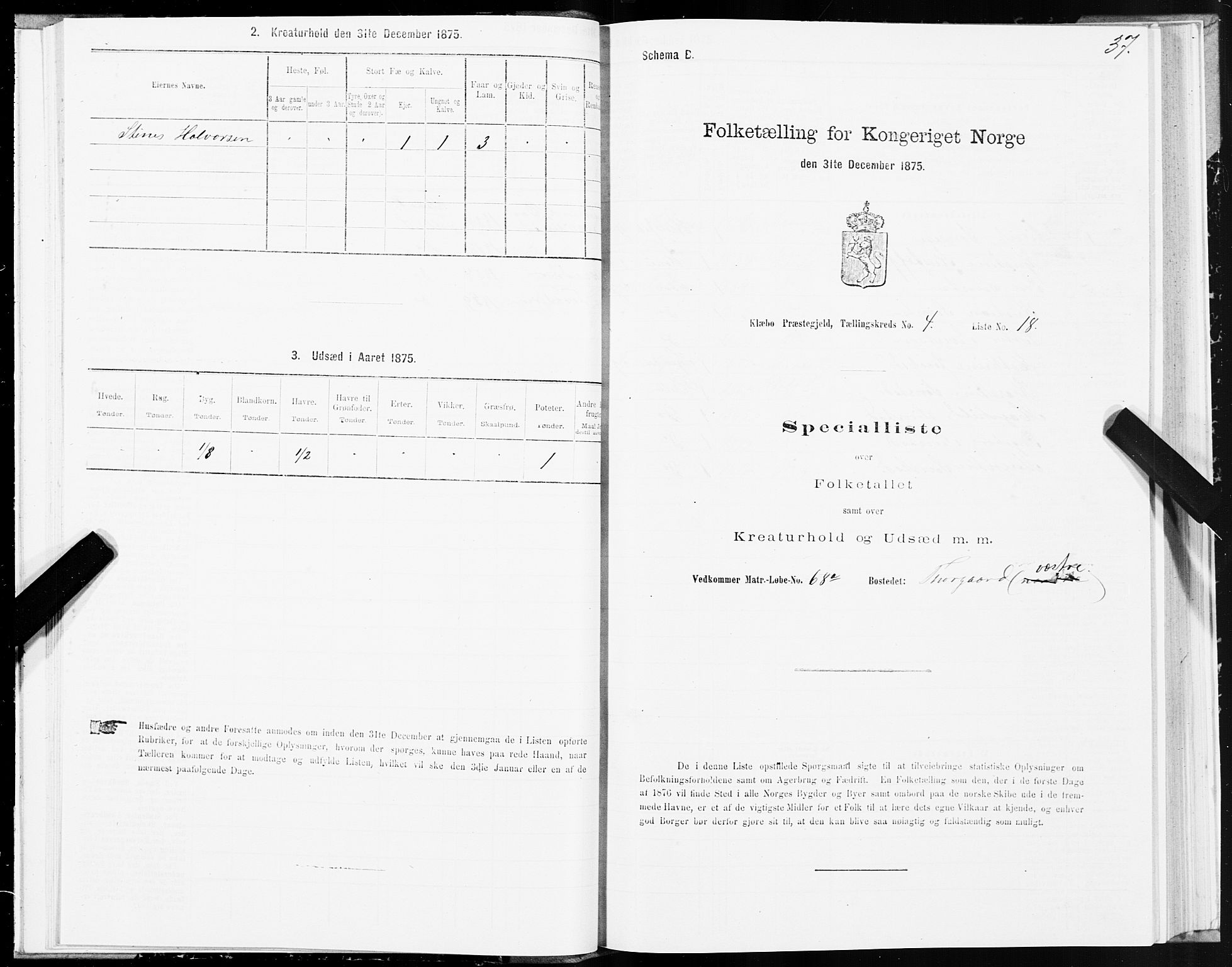 SAT, 1875 census for 1662P Klæbu, 1875, p. 2037