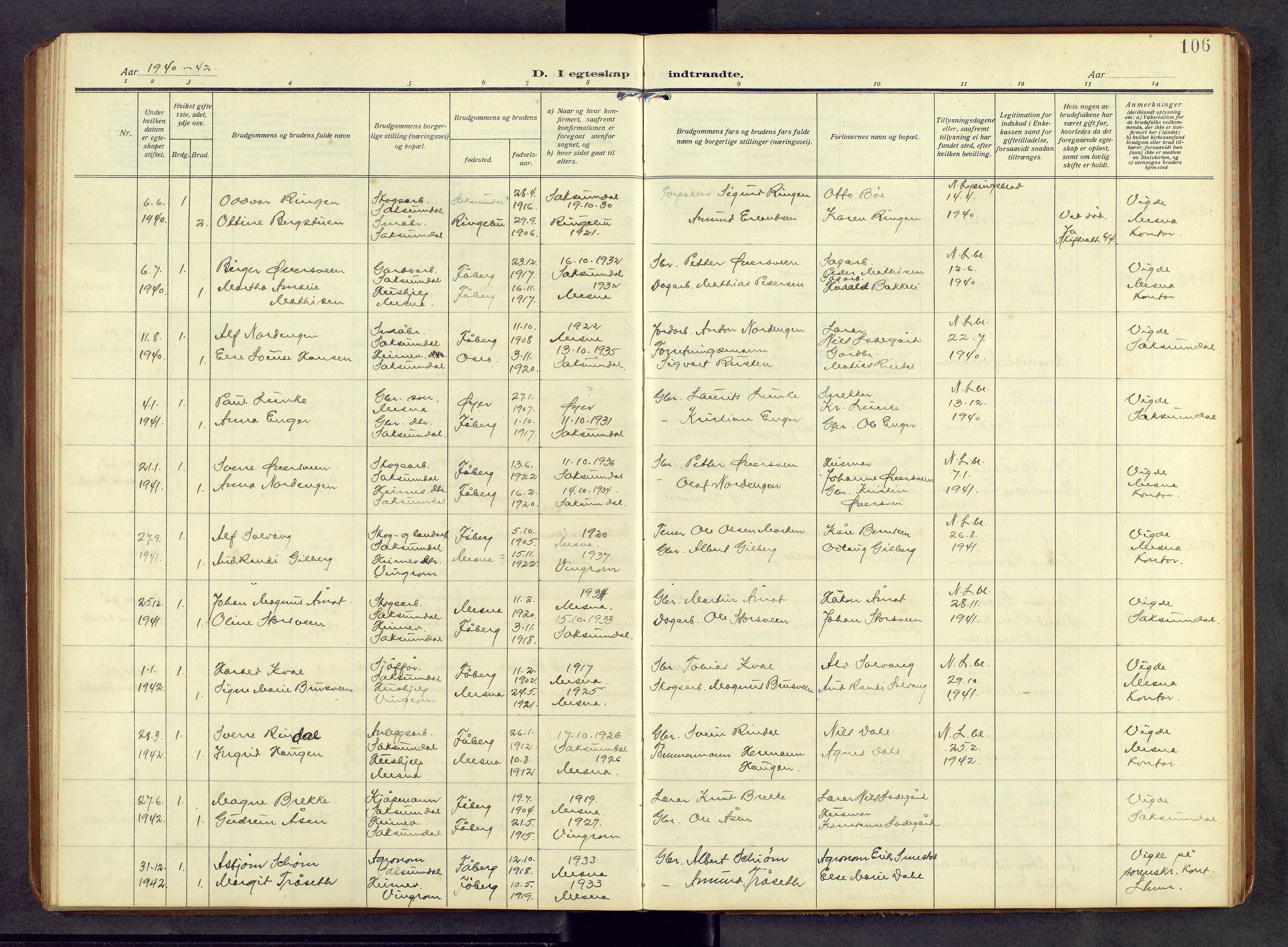 Fåberg prestekontor, SAH/PREST-086/H/Ha/Hab/L0013: Parish register (copy) no. 13, 1909-1971, p. 106