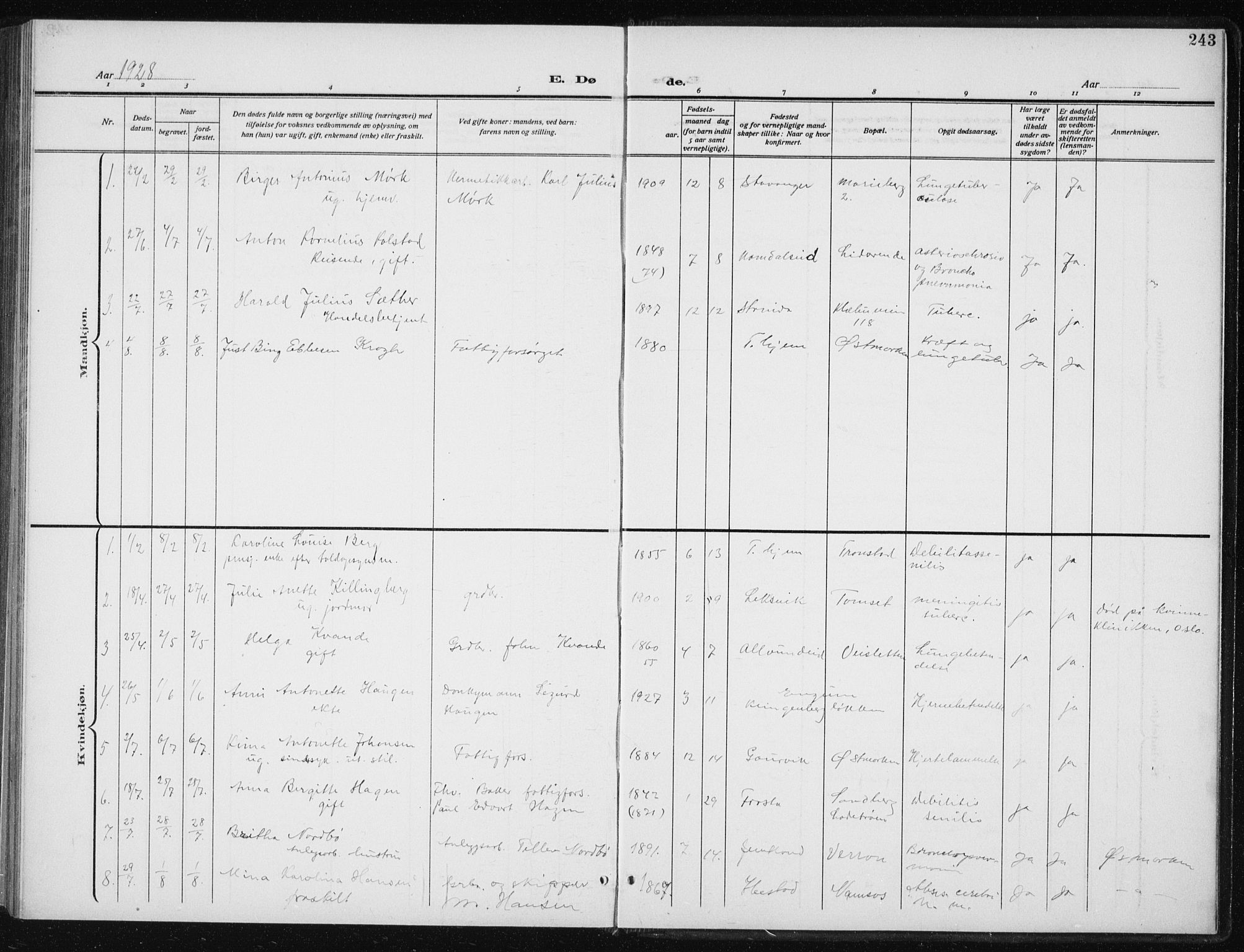 Ministerialprotokoller, klokkerbøker og fødselsregistre - Sør-Trøndelag, SAT/A-1456/606/L0314: Parish register (copy) no. 606C10, 1911-1937, p. 243