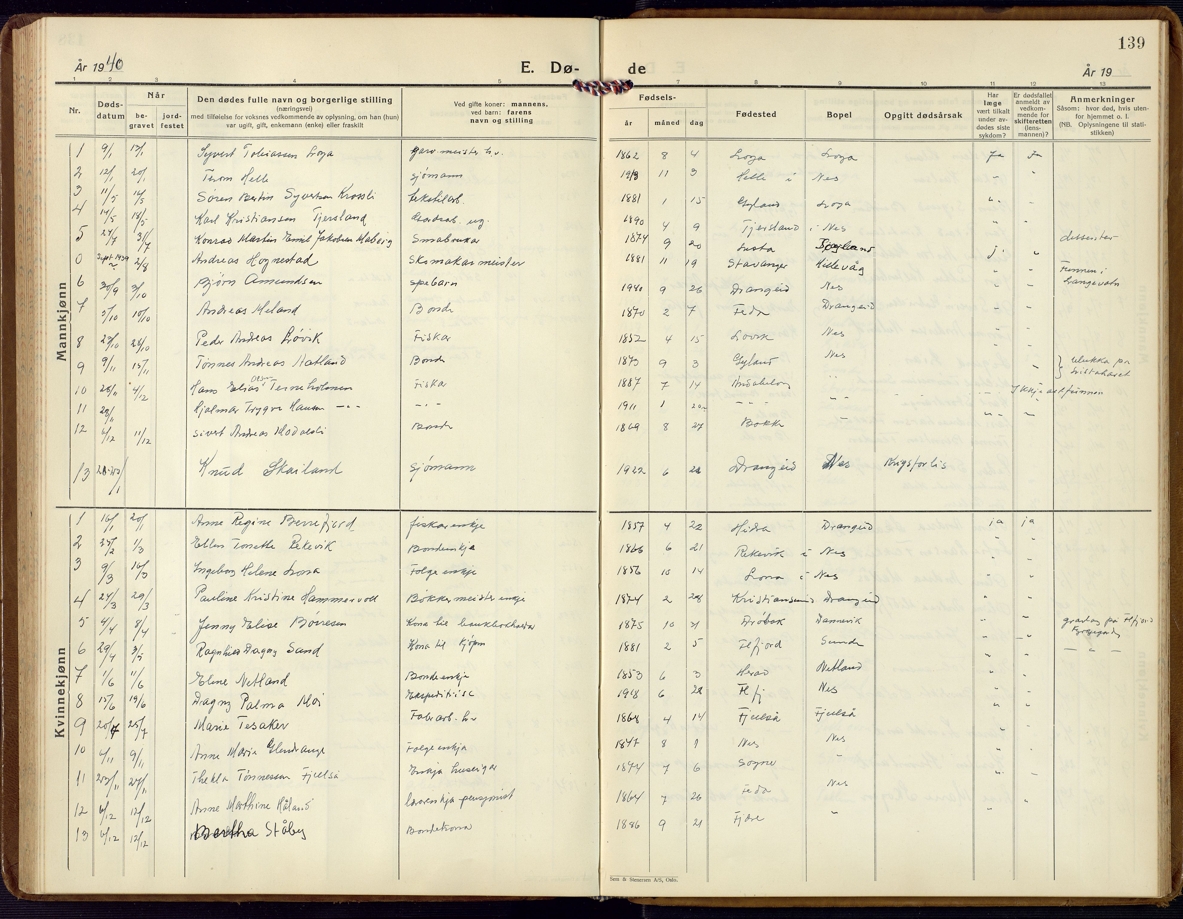 Flekkefjord sokneprestkontor, SAK/1111-0012/F/Fb/Fbc/L0009: Parish register (copy) no. B 9, 1932-1965, p. 139