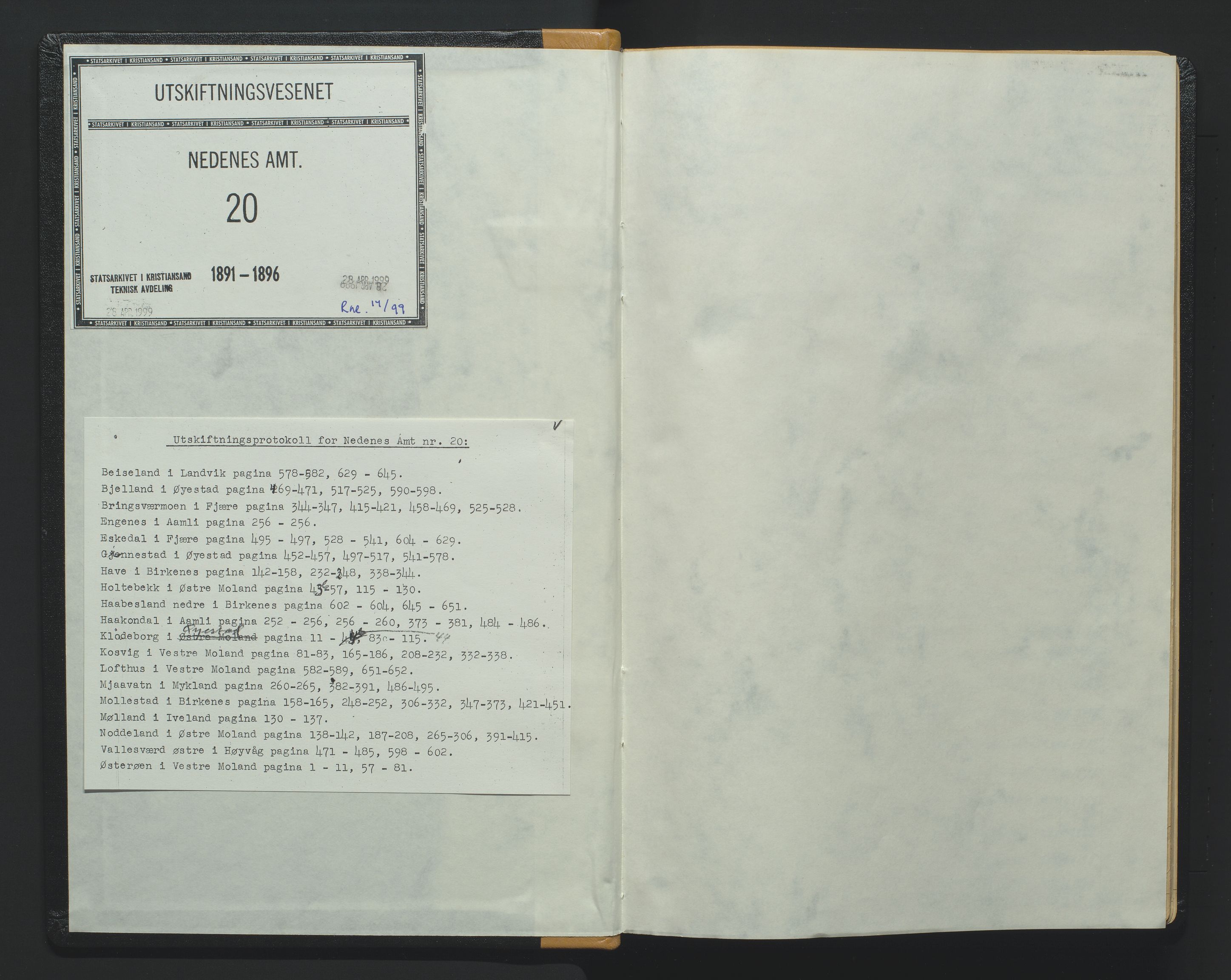 Utskiftningsformannen i Nedenes amt, SAK/1541-0002/F/Fa/Faa/L0019: Utskiftningsprotokoll med gårdsregister, Nedenes amt nr 20, 1891-1896