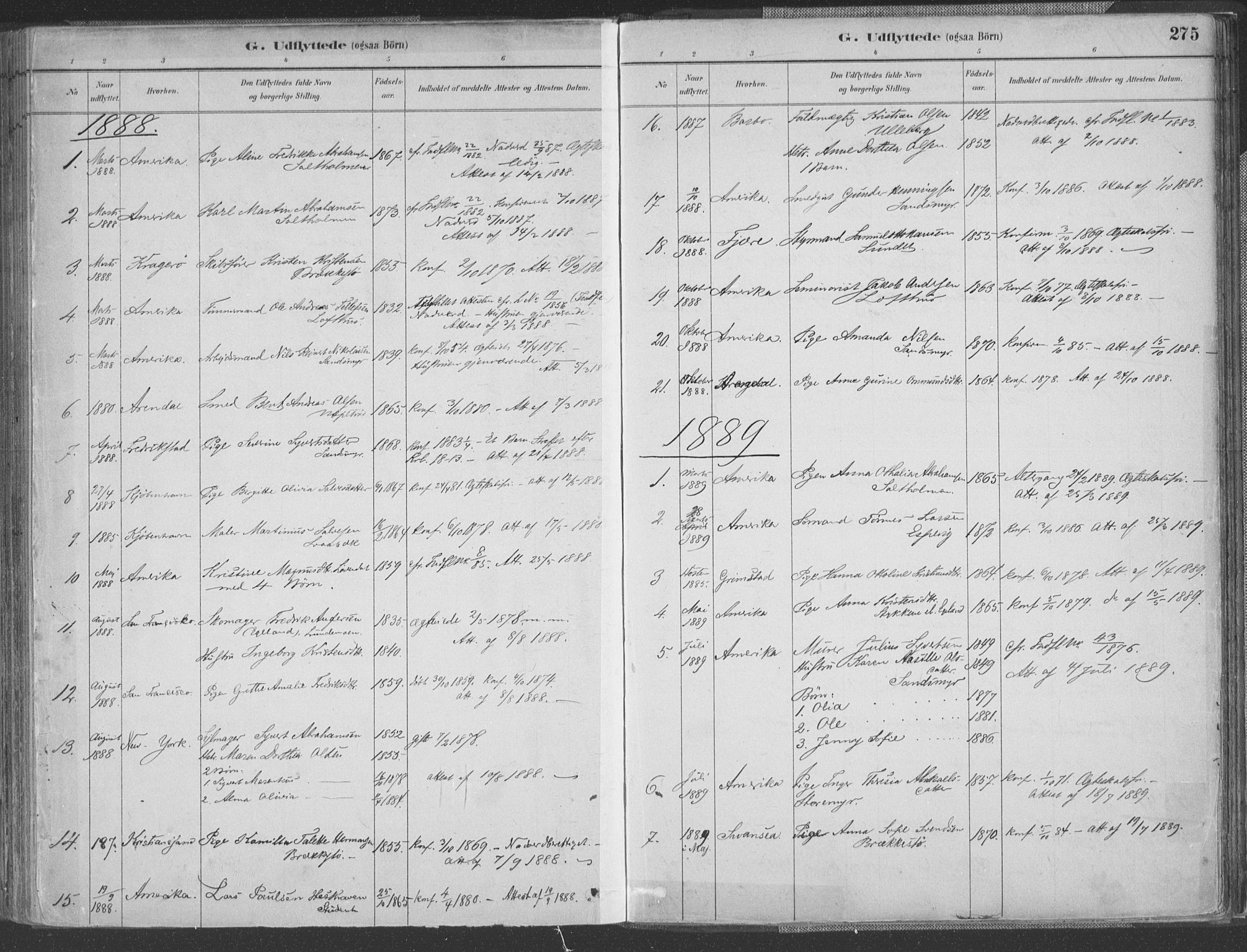 Vestre Moland sokneprestkontor, SAK/1111-0046/F/Fa/Fab/L0009: Parish register (official) no. A 9, 1884-1899, p. 275