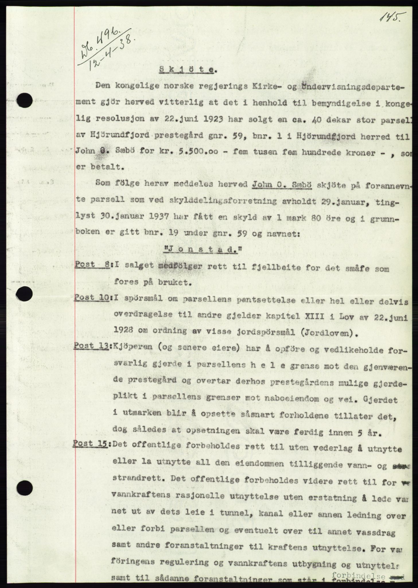 Søre Sunnmøre sorenskriveri, AV/SAT-A-4122/1/2/2C/L0065: Mortgage book no. 59, 1938-1938, Diary no: : 496/1938