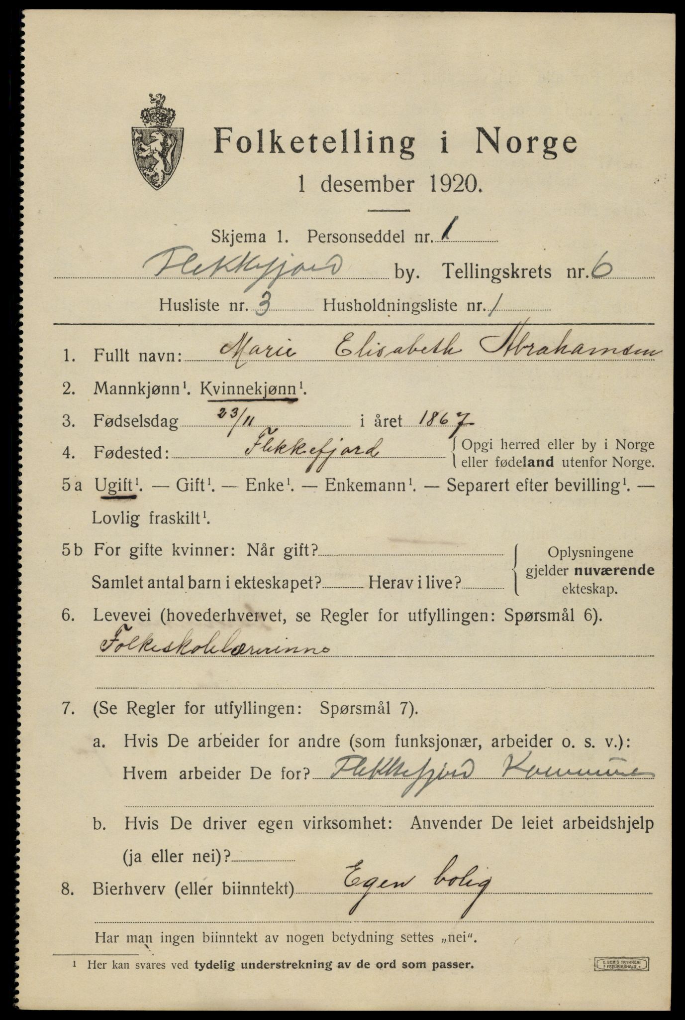 SAK, 1920 census for Flekkefjord, 1920, p. 5776
