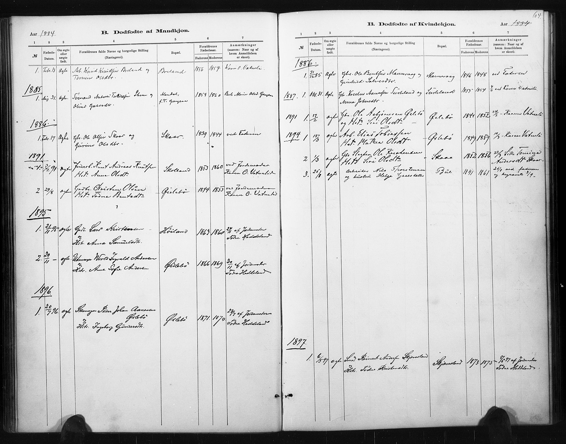 Holum sokneprestkontor, AV/SAK-1111-0022/F/Fa/Fac/L0004: Parish register (official) no. A 4, 1884-1907, p. 64