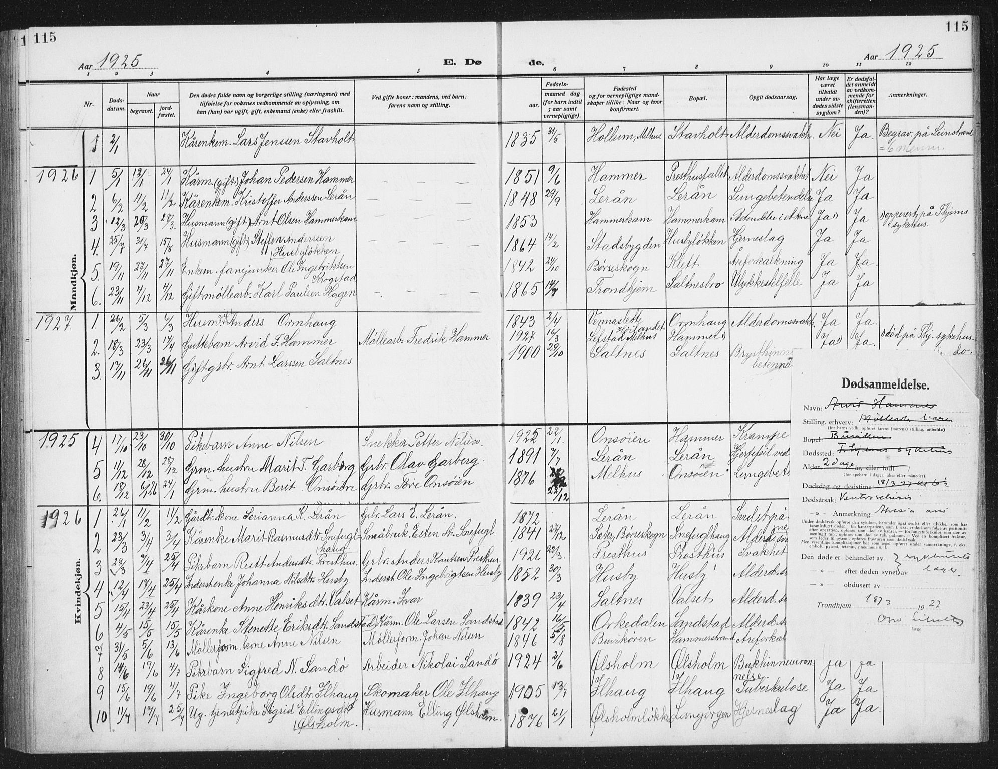 Ministerialprotokoller, klokkerbøker og fødselsregistre - Sør-Trøndelag, SAT/A-1456/666/L0791: Parish register (copy) no. 666C04, 1909-1939, p. 115