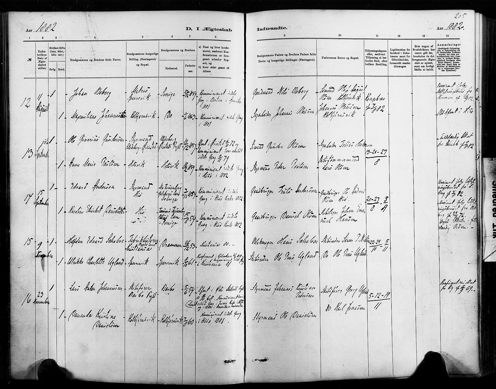 Hisøy sokneprestkontor, AV/SAK-1111-0020/F/Fa/L0003: Parish register (official) no. A 3, 1881-1894, p. 205