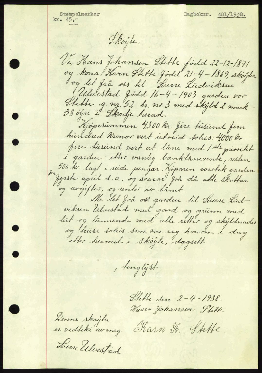 Nordre Sunnmøre sorenskriveri, AV/SAT-A-0006/1/2/2C/2Ca: Mortgage book no. A4, 1937-1938, Diary no: : 481/1938