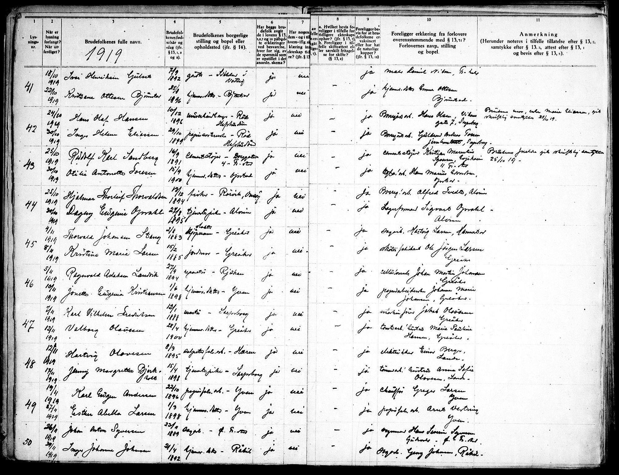 Tune prestekontor Kirkebøker, AV/SAO-A-2007/H/Ha/L0001: Banns register no. I 1, 1919-1946