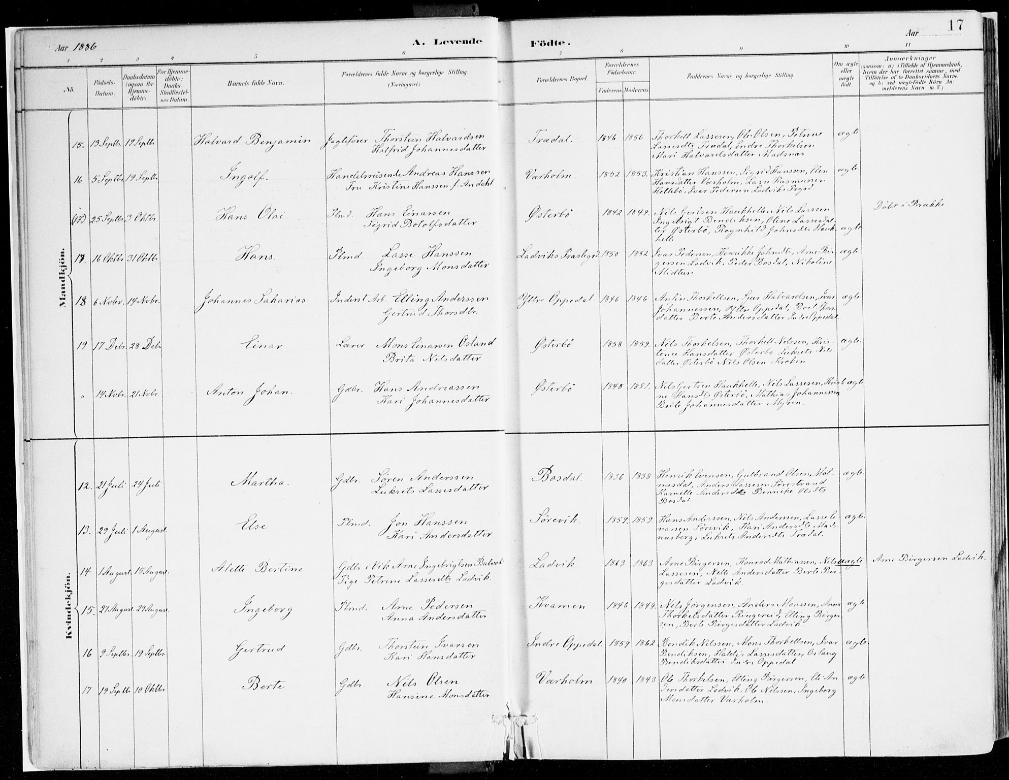 Lavik sokneprestembete, AV/SAB-A-80901: Parish register (official) no. B 1, 1882-1908, p. 17