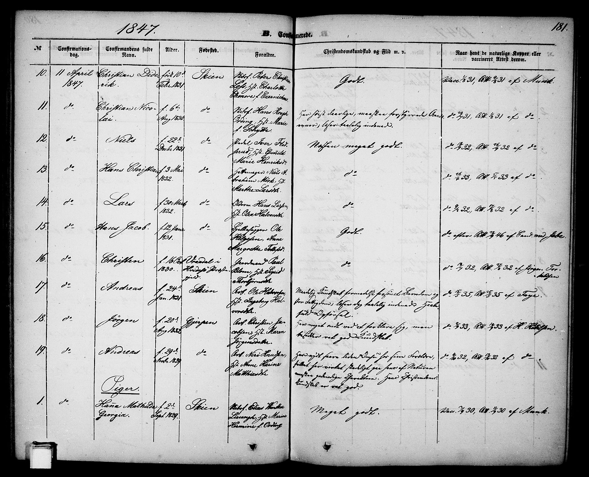 Skien kirkebøker, SAKO/A-302/G/Ga/L0004: Parish register (copy) no. 4, 1843-1867, p. 181
