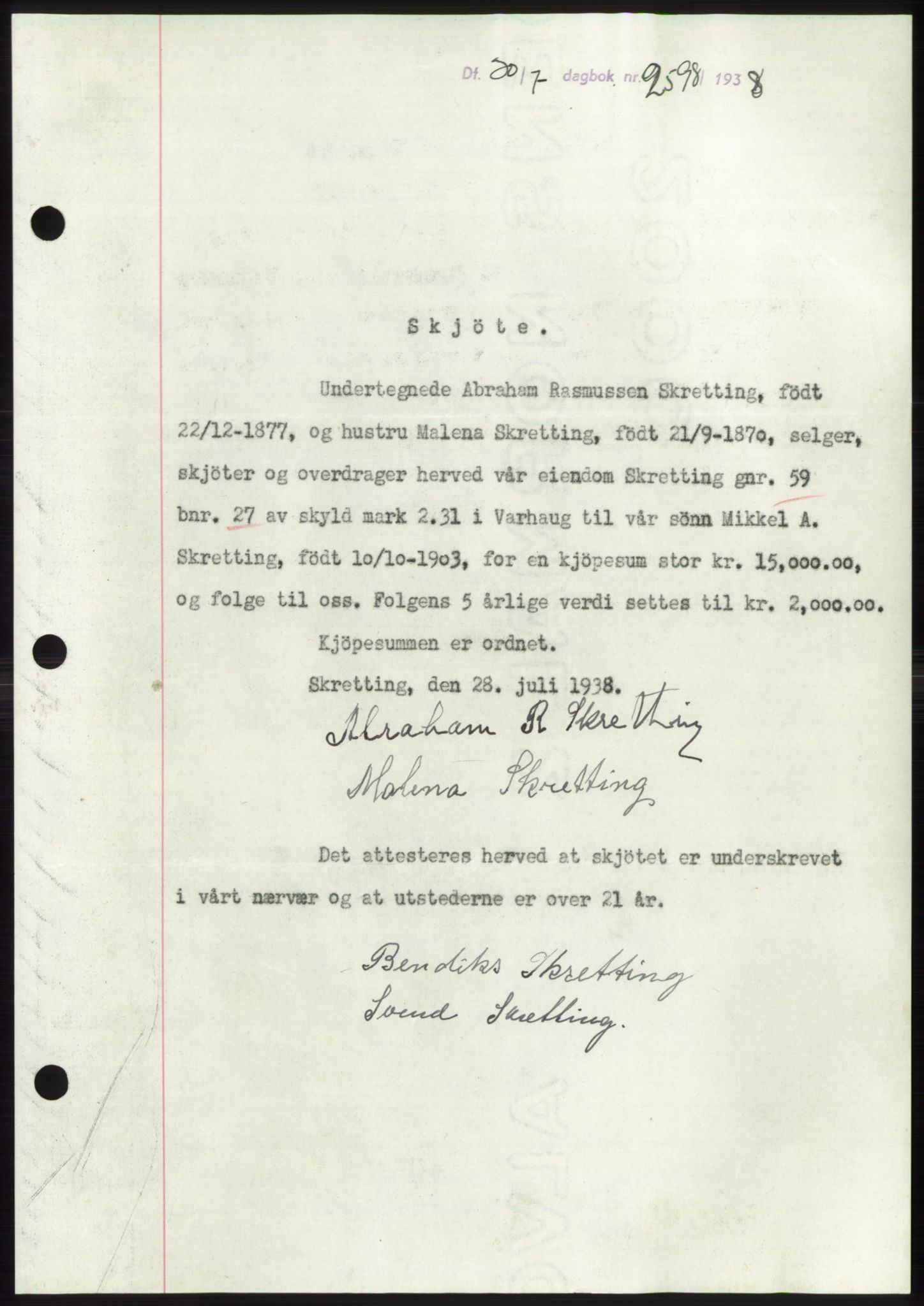 Jæren sorenskriveri, SAST/A-100310/03/G/Gba/L0071: Mortgage book, 1938-1938, Diary no: : 2598/1938