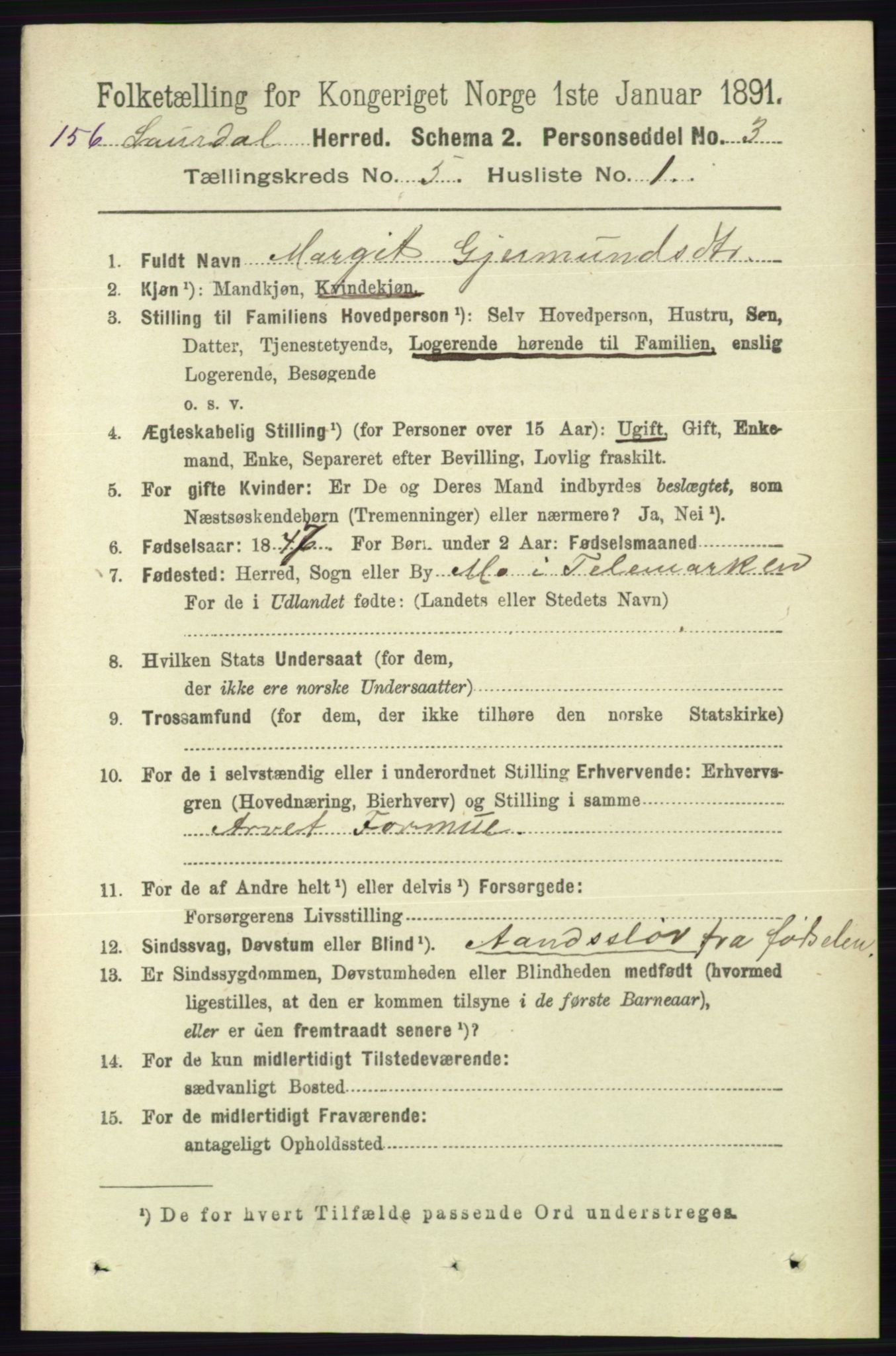 RA, 1891 census for 0833 Lårdal, 1891, p. 1337