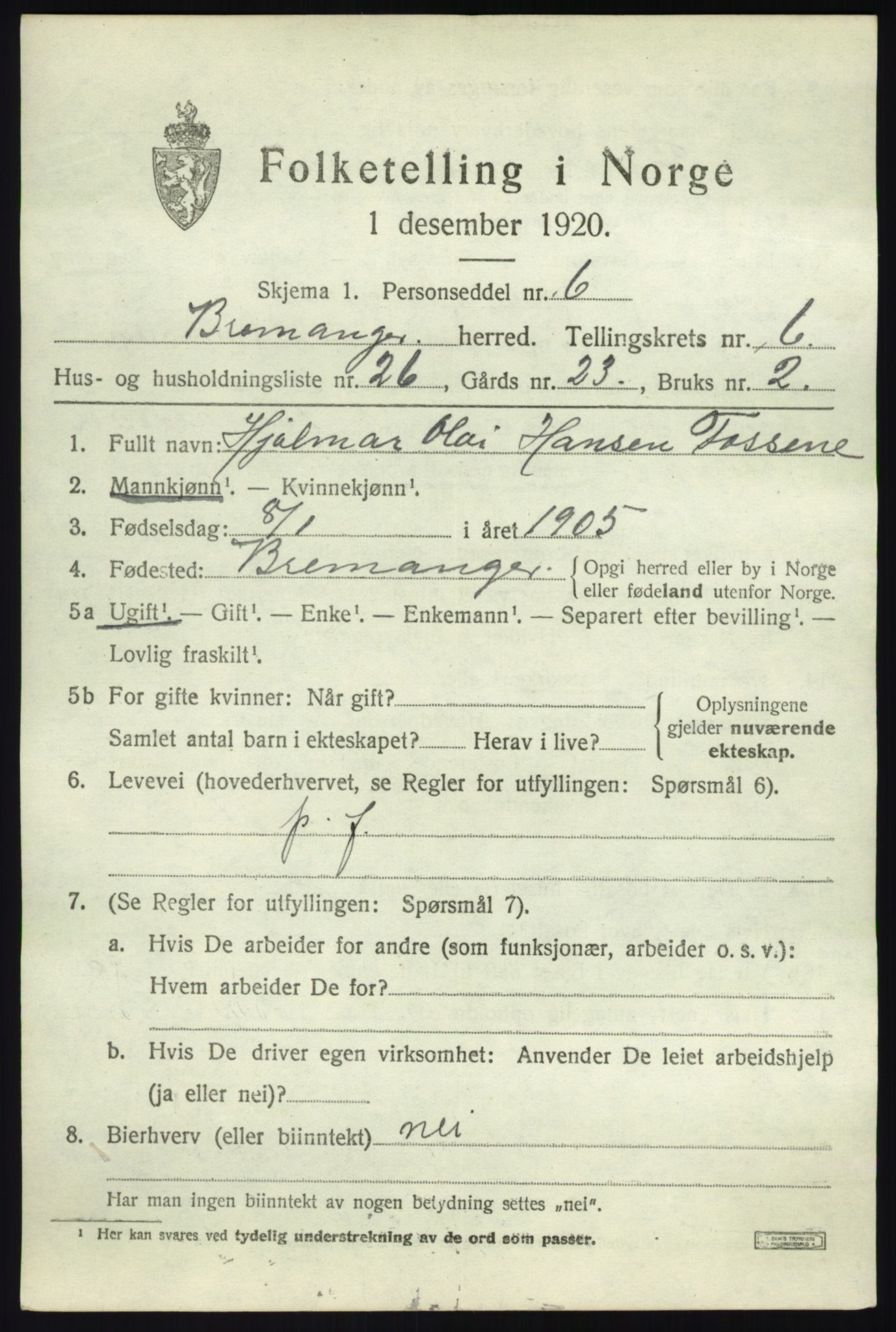 SAB, 1920 census for Bremanger, 1920, p. 4396