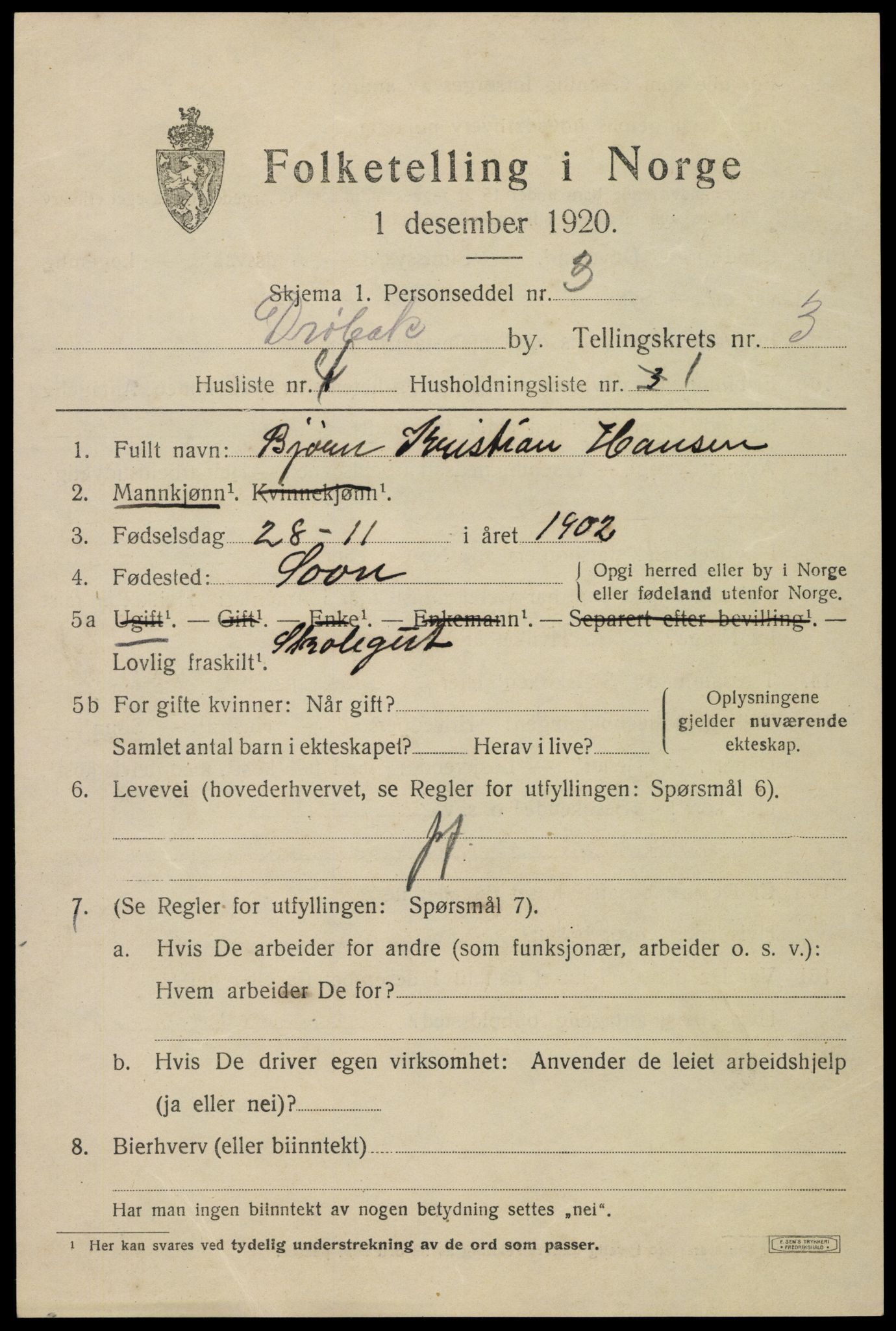 SAO, 1920 census for Drøbak, 1920, p. 3417