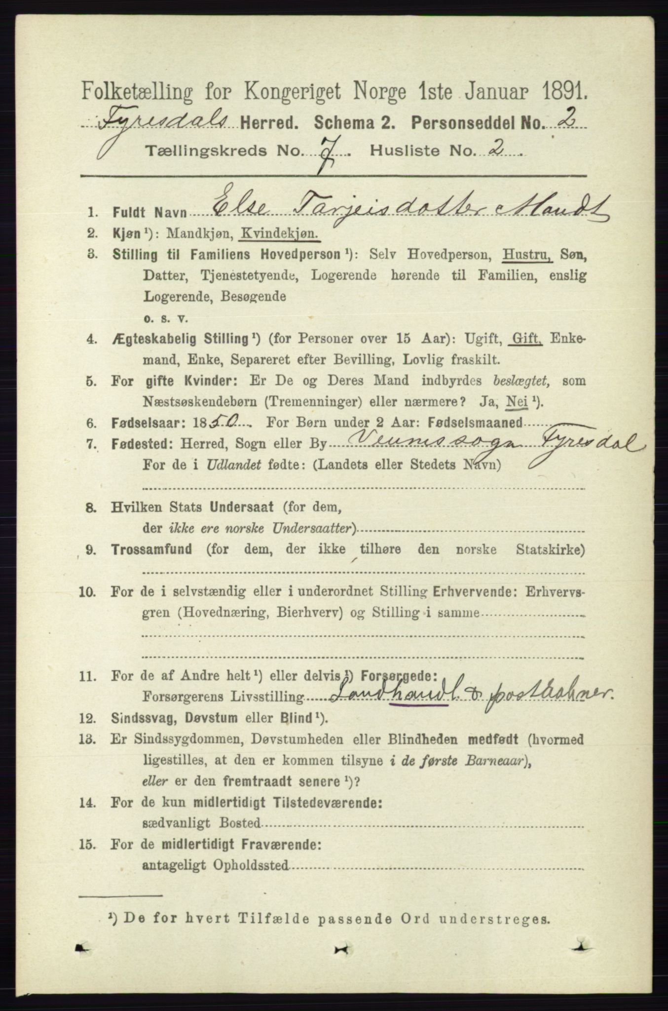 RA, 1891 census for 0831 Fyresdal, 1891, p. 1900